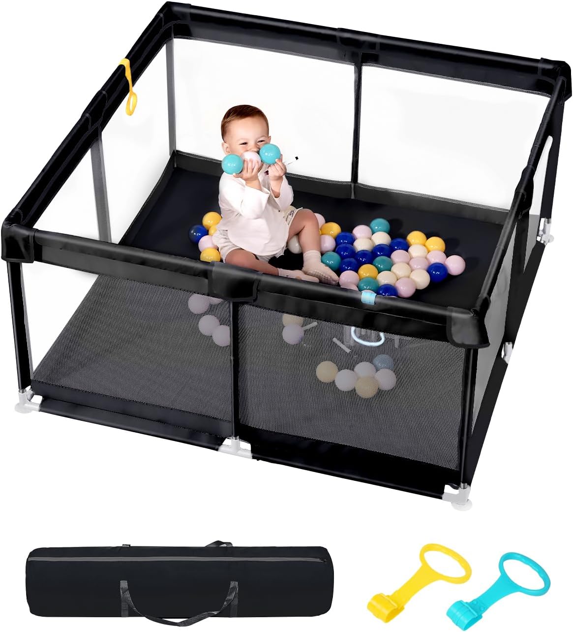 derimkcoa Baby Playpen,Large Play Pen Babies and Toddlers Safety Baby Fence, Indoor & Outdoor Kids Activity Play Center with Anti-Slip Suckers and Zipper (130x130x66cm,Black)