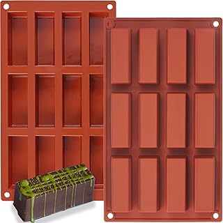 Chocolate Bar Moulds Rectangle 1.2 in Deep Stuffed, 12 Cavities 2-Pack for Granola Candy Butter Bar Rice Crisps Protein Bar Brownie Cornbread Cheesecake Soap Moulds Food Grade Homemade DIY