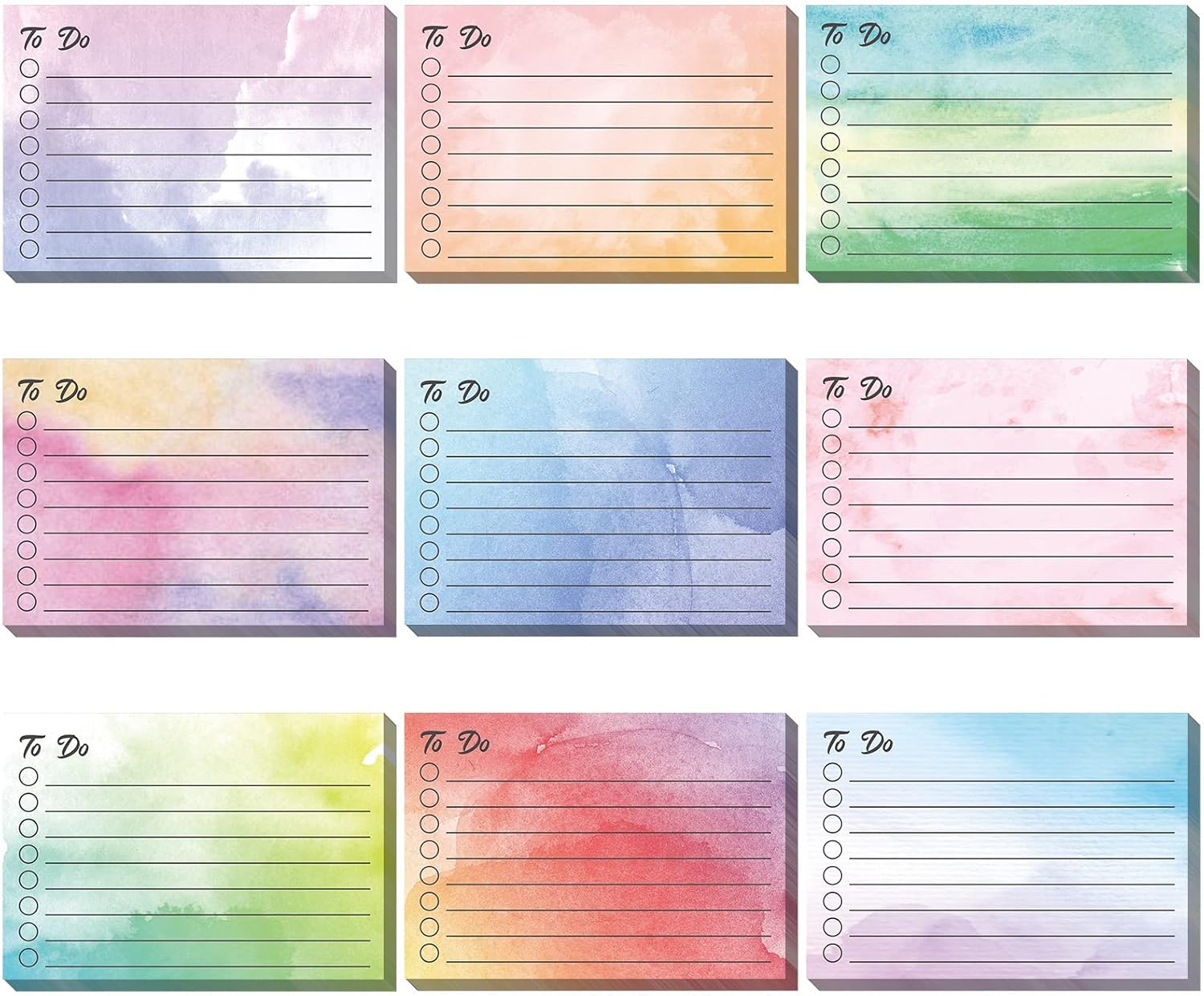 Pajean 9 Pcs/450 Sheet to Do List Sticky Note 3x4 Inch Self Stick Pads with Line Colored Planner Sticky Note Adhesive Memo for Office, Meeting, School, Study, Home Reminder (Watercolor)