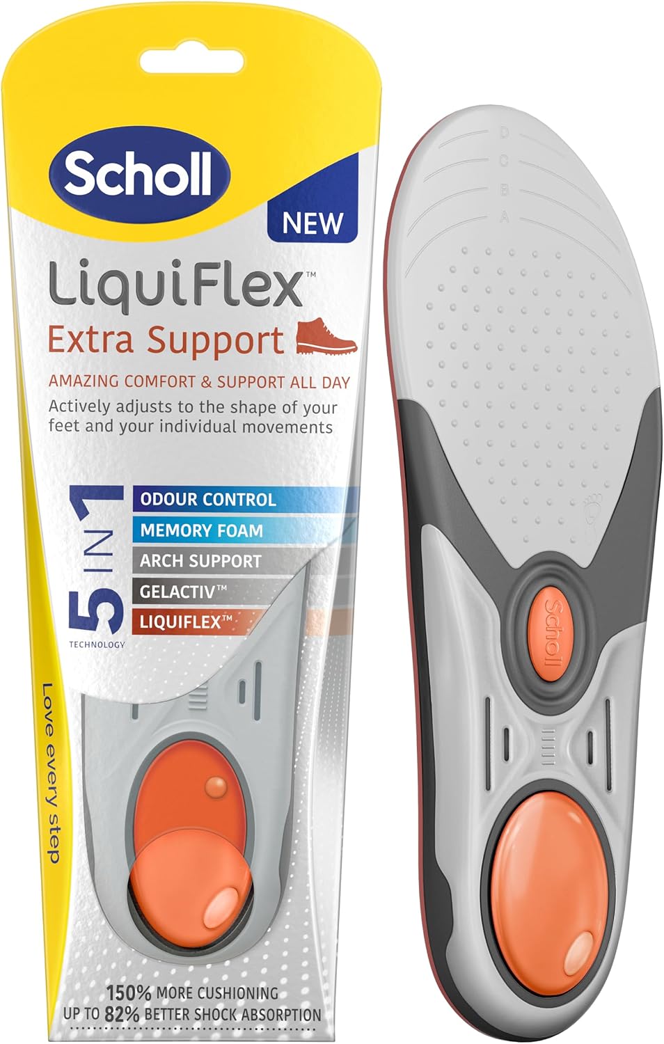 Scholl LiquiFlex Extra Support Insoles for Women, 5-in-1 Supportive Insoles with Memory Foam, Arch Support, GelActiv, and Odour Control - Insoles for Work Boots and Shoes - UK Size 3.5-7.5, 1 Pair