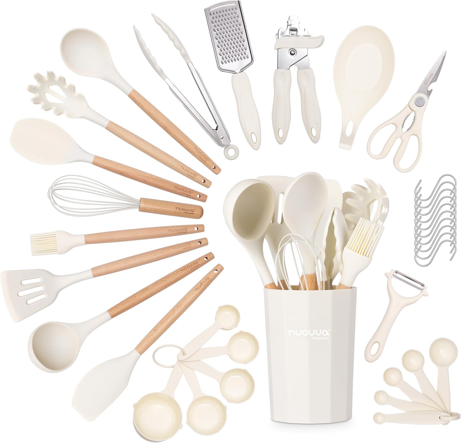 Kitchen Non Stick Cooking Utensils Set – Heat Resistant Silicone Utensils with Wooden Handle – Ladles, Spoons and Spatulas Set – Kitchen Tools & Accessories – 35pcs, Cream – by Nuovva