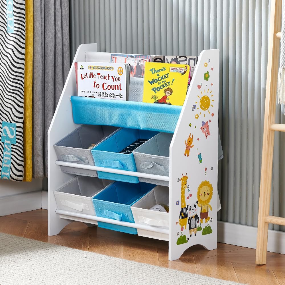 Sling Bookshelf for Kids, Childrens Bookcase for Kids Room, 4-Tier Toddler Book Shelf Organizer, Easy Access Child Book Storage Rack for Nursery, Blue (Blue with 6 Cubes)