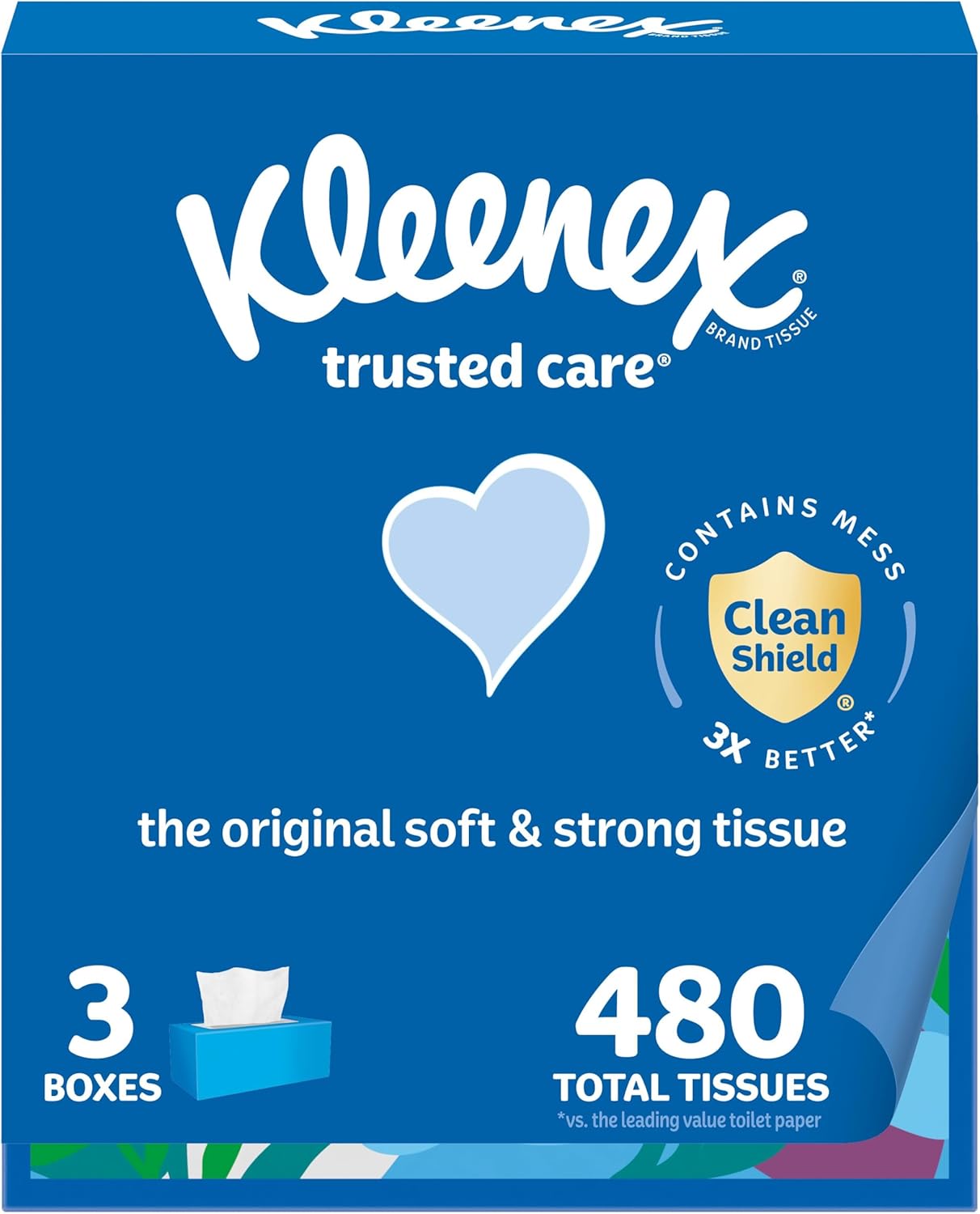 Kleenex Trusted Care Facial Tissues, 3 Flat Boxes, 160 Tissues per Box, 2-Ply (480 Total Tissues), Packaging May Vary