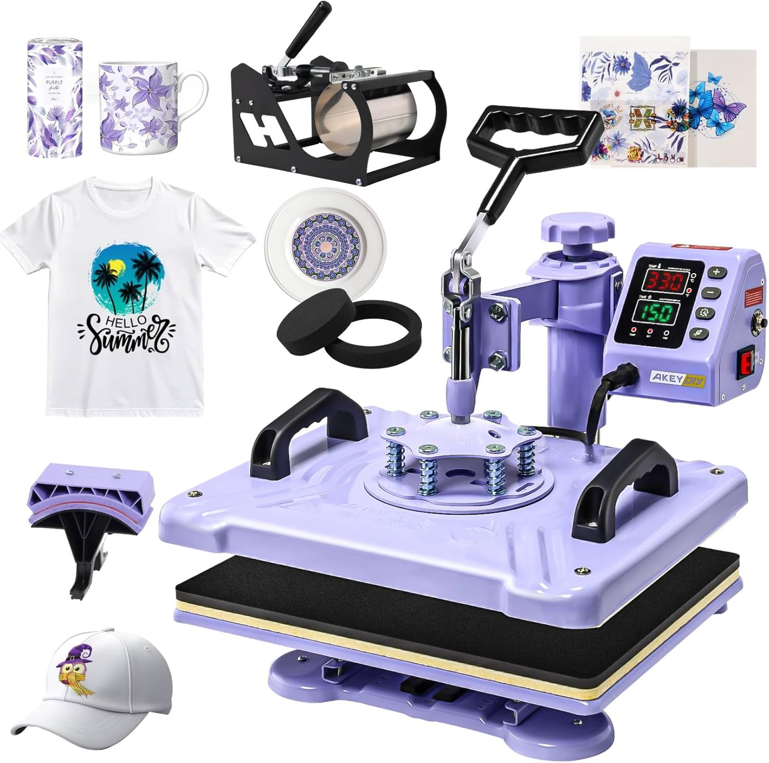 AKEYDIY Heat Press 15x12 Inch, 5 in 1 Heat Press Machine for T-Shirts Hat Cap Mug Plate, 360° Swing Away Shirt Pressing Machine, Sublimation Heat Transfer Machine with Tumbler Press Hat Press, Purple