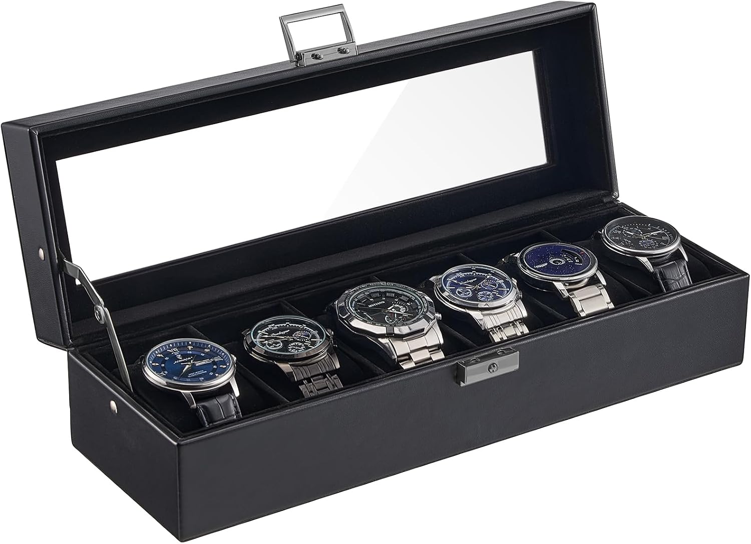 ProCase 6 Slot Watch Case Box for Men, PU leather Man Watch Organizer with Soft Pillow, Lockable Watch Collection Storage Holder with Glass Display Lid, Fathers Day Gift for Dad -AllBlack