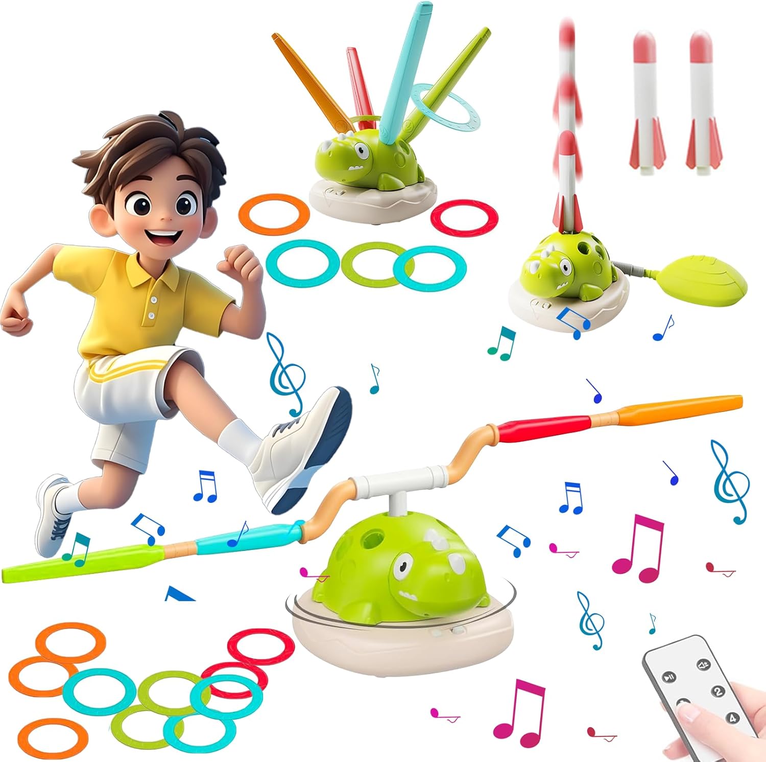 Caossioxin 3 in 1 Children's Sports Set, Musical Jump Game, Toss Ring Game Toys, Stomping Rocket Launcher Toy for Kids, Outdoor Dinosaur Toys with Remote Control for Boys Girls Ages 3-12