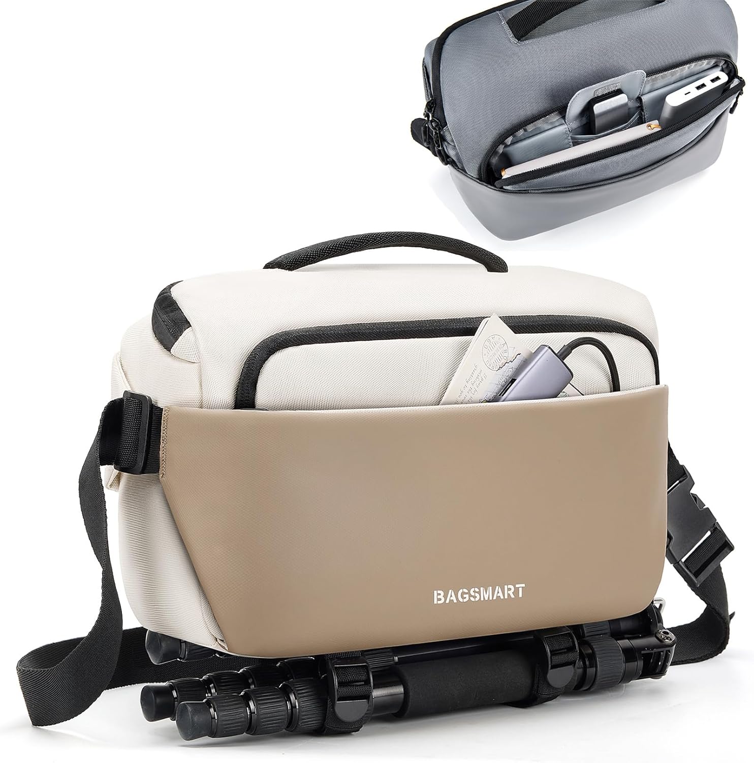 BAGSMART Camera Sling Bag, Small Camera Bags for Photographers with Tripod Holder, Waterproof DSLR/SLR/Mirrorless Camera Bags Crossbody with Rain Cover, Compatible with Canon Sony Nikon, Beige