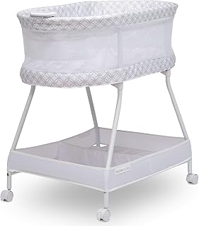 Delta Children Sweet Dreams Bassinet with Airflow Mesh Bedside Portable Crib with Vibration Lights and Music, Grey Infinity