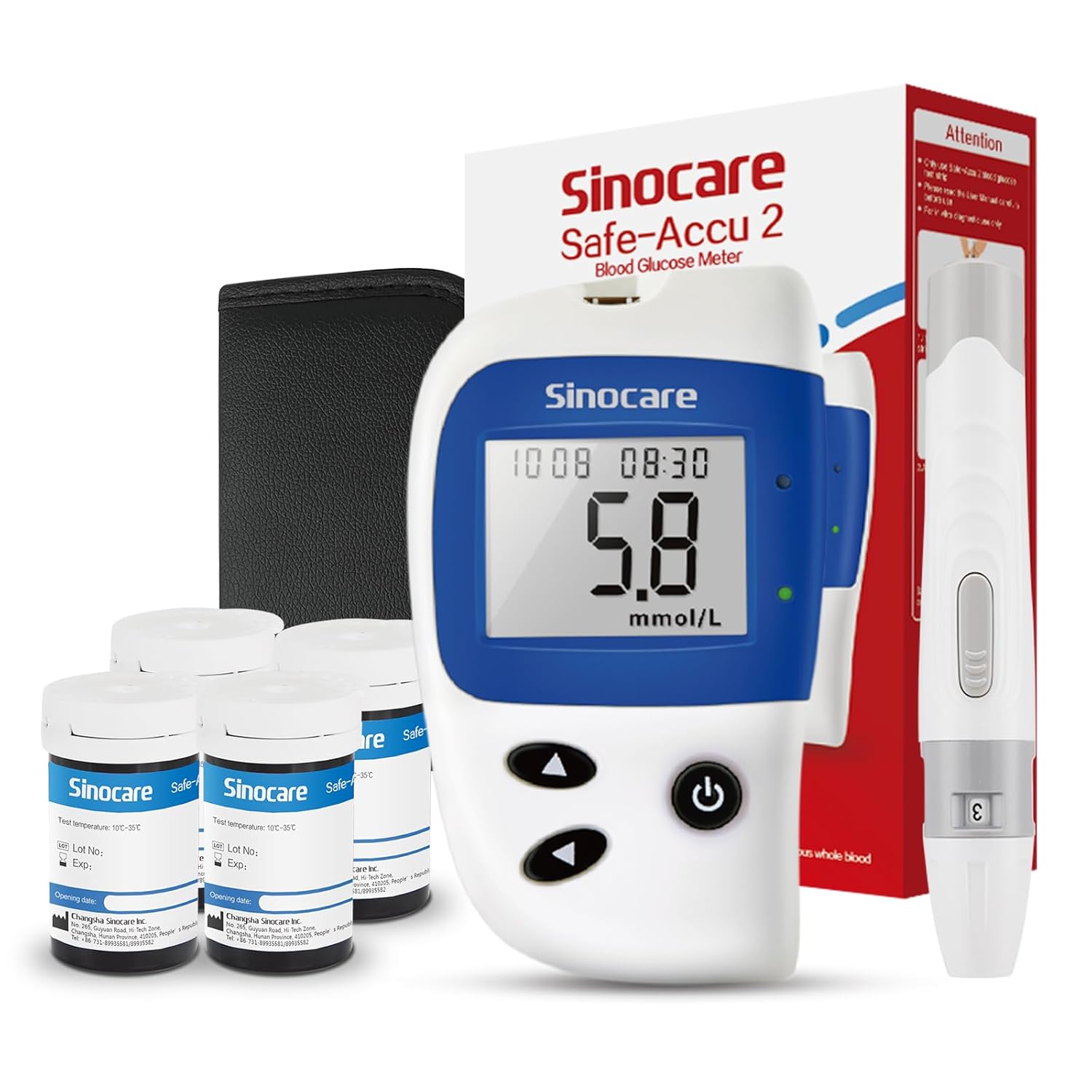 Sinocare Blood Sugar Test Kit, Blood Sugar Monitoring System Safe-Accu2, Upgraded Chip Diabetes Testing Kit, Large Screen & Memory Capacity & Light Design- in mmol/L, include 100 Strips