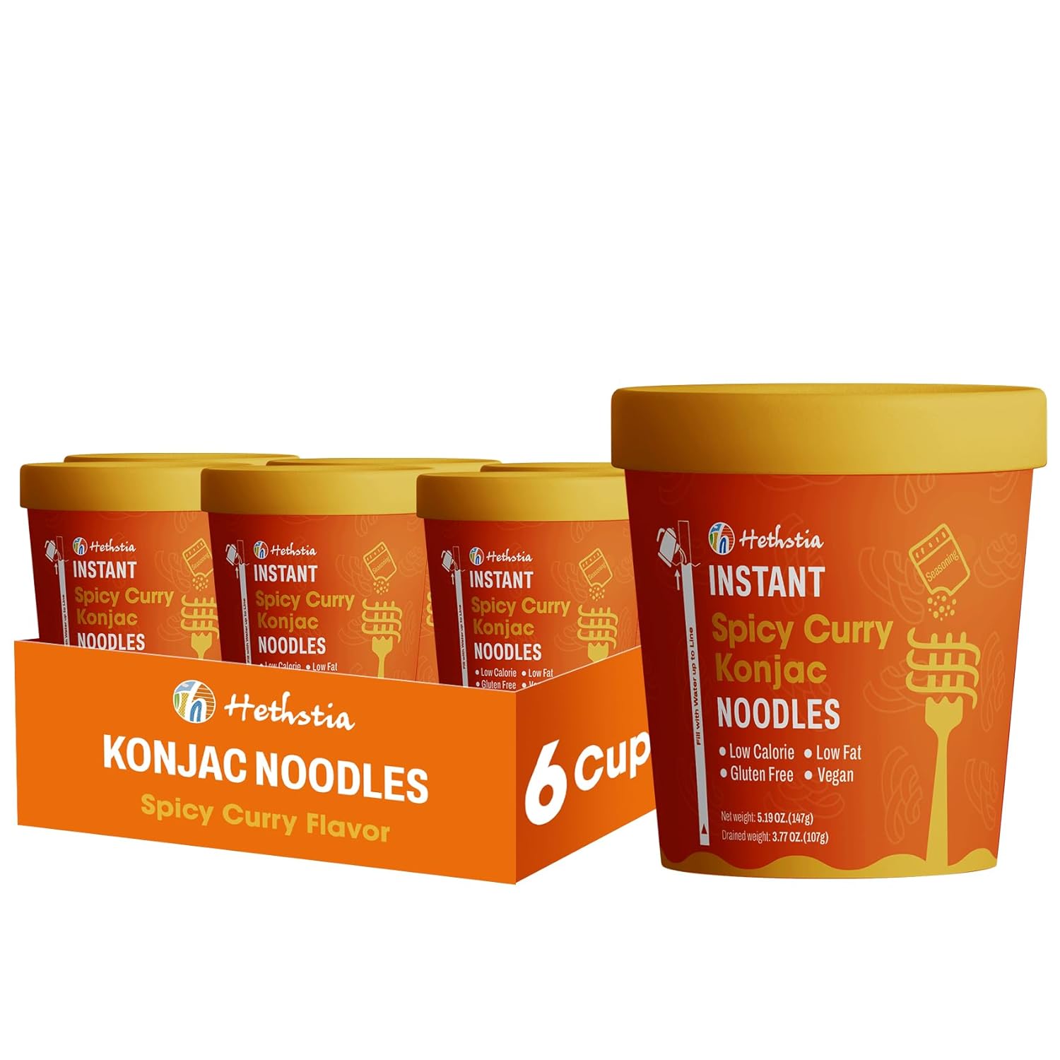 Hethstia Konjac Noodle Soup, 6-Pack Instant Shirataki Noodle Spicy Curry Cups – Low Carb, Vegan, Keto, Gluten-Free, Ready-to-Eat Asian Pho, Low-Calorie Quick Meal, 34.32oz