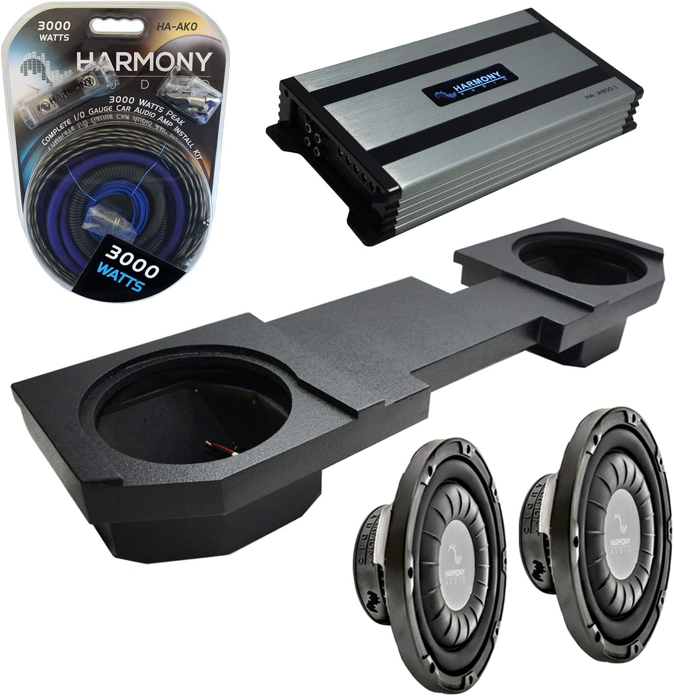 Compatible with 2002-2018 Dodge Ram Quad or Crew Harmony Bundle F124 Dual 12" Rhino Coated Sub Box & HA-A800.1