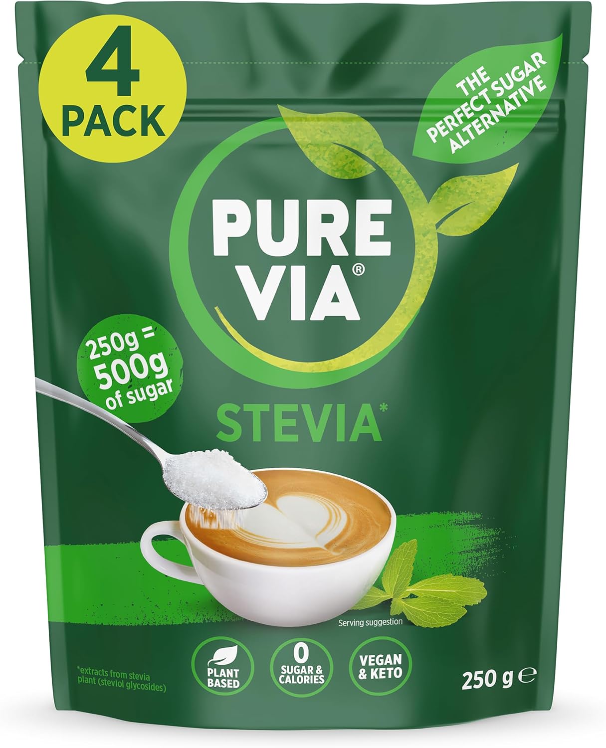 Pure Via Stevia Sugar Alternative - Gluten Free and Zero Calorie Natural Sweetener - 250g X 4, Equivalent to 1kg