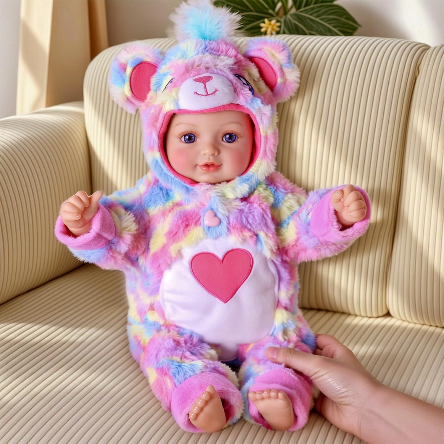 BABESIDE 15-Inch Baby Doll with Moveable Joints – Soft Vinyl Realistic Real Life Doll in Rainbow Teddy Bear Outfit with Heart Belly – Strawberry Scented Gift for Girls Aged 3+