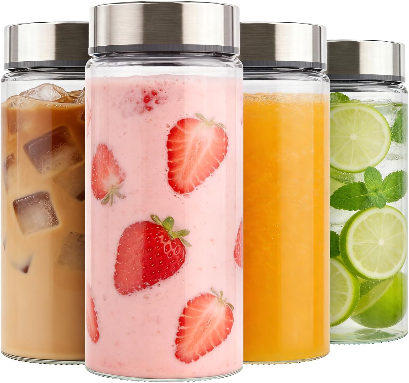 16 oz Wide Mouth Glass Juice Bottles with Stainless Steel Lids | Leakproof, Airtight, Reusable, Dishwasher Safe, Cup Holder Fit, Brush Included, for Juices, Smoothies, Infused Water, 4 Pack