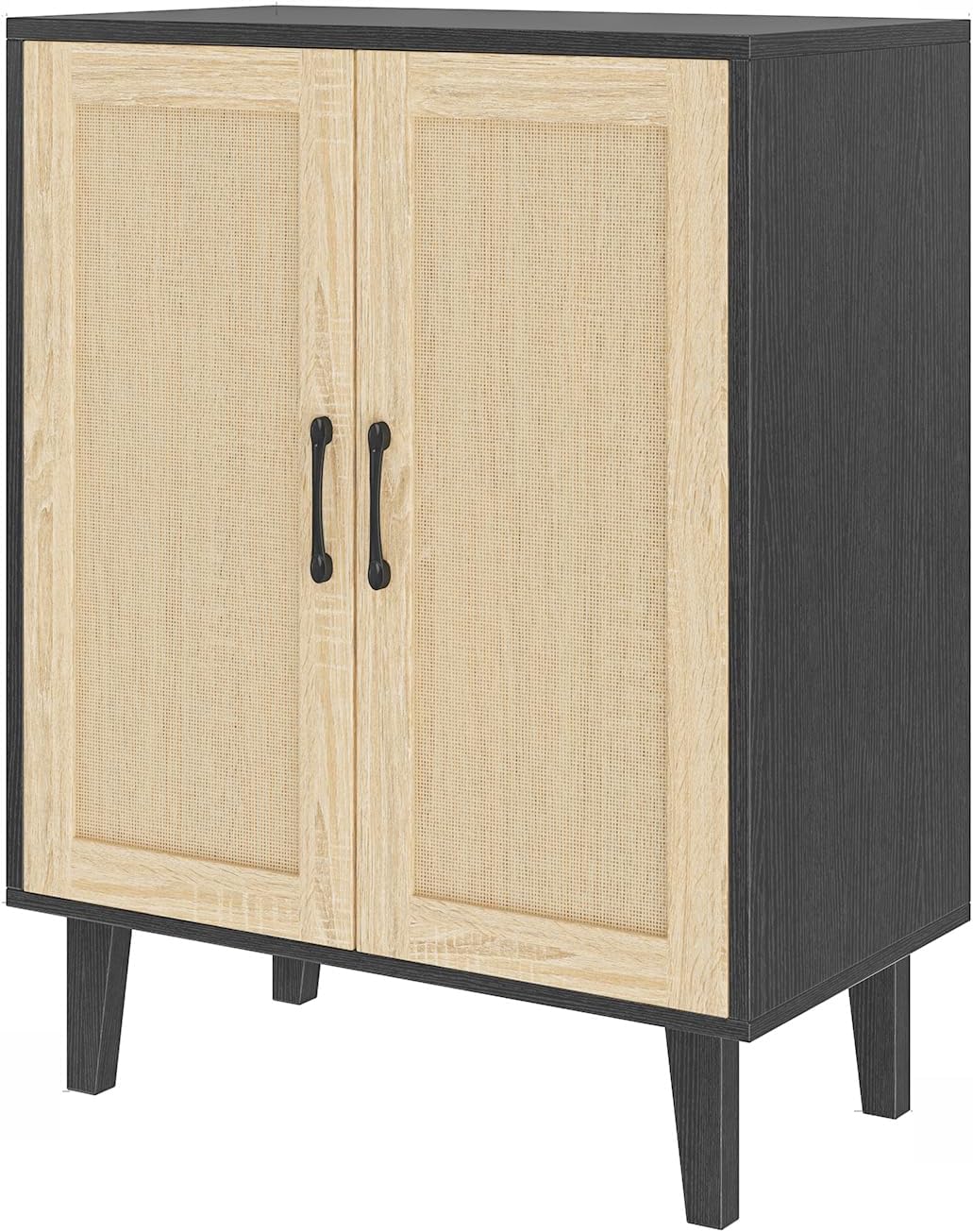 Panana Buffet Storage Cabinet with Rattan Decorating Living Room Wood Kitchen Sideboard Accent Cabinet (Black, 69(W) x 38(D) x 88(H) cm)