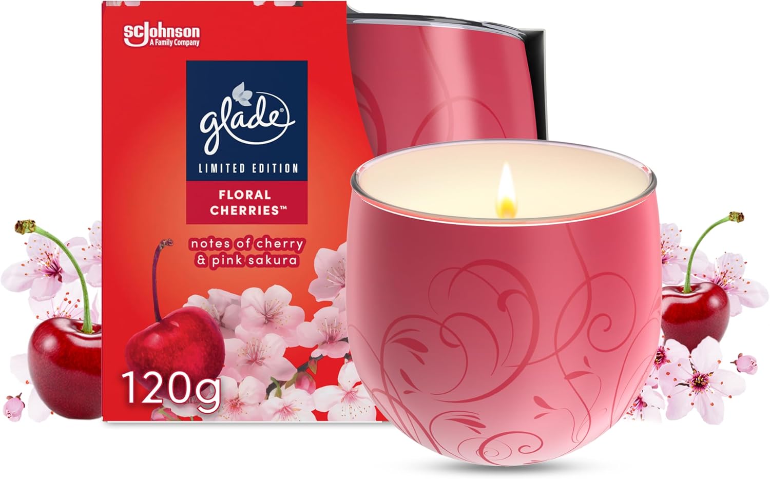 Glade Jar Candle, Scented Candle Infused with Essential Oils, Up to 31 Hour Burn Time, Floral Cherries, 120g