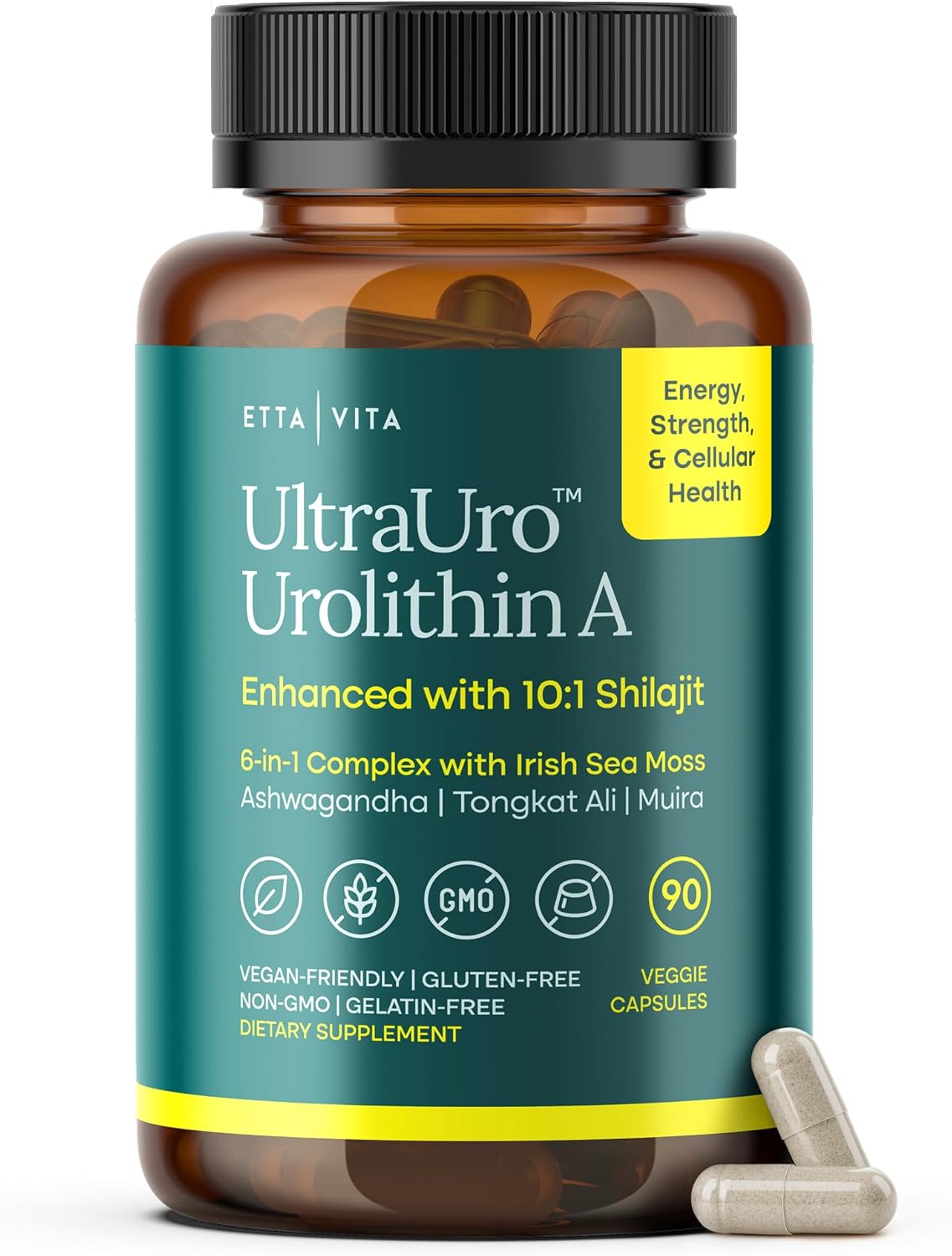Anti-Aging Urolithin-A Complex with Shilajit, Organic Sea Moss, Ashwagandha, Tongkat Ali - Cellular Energy, Focus, Vitality, Hormonal & Mitochondria Support - Vegan Longevity Supplement (90 Capsules)