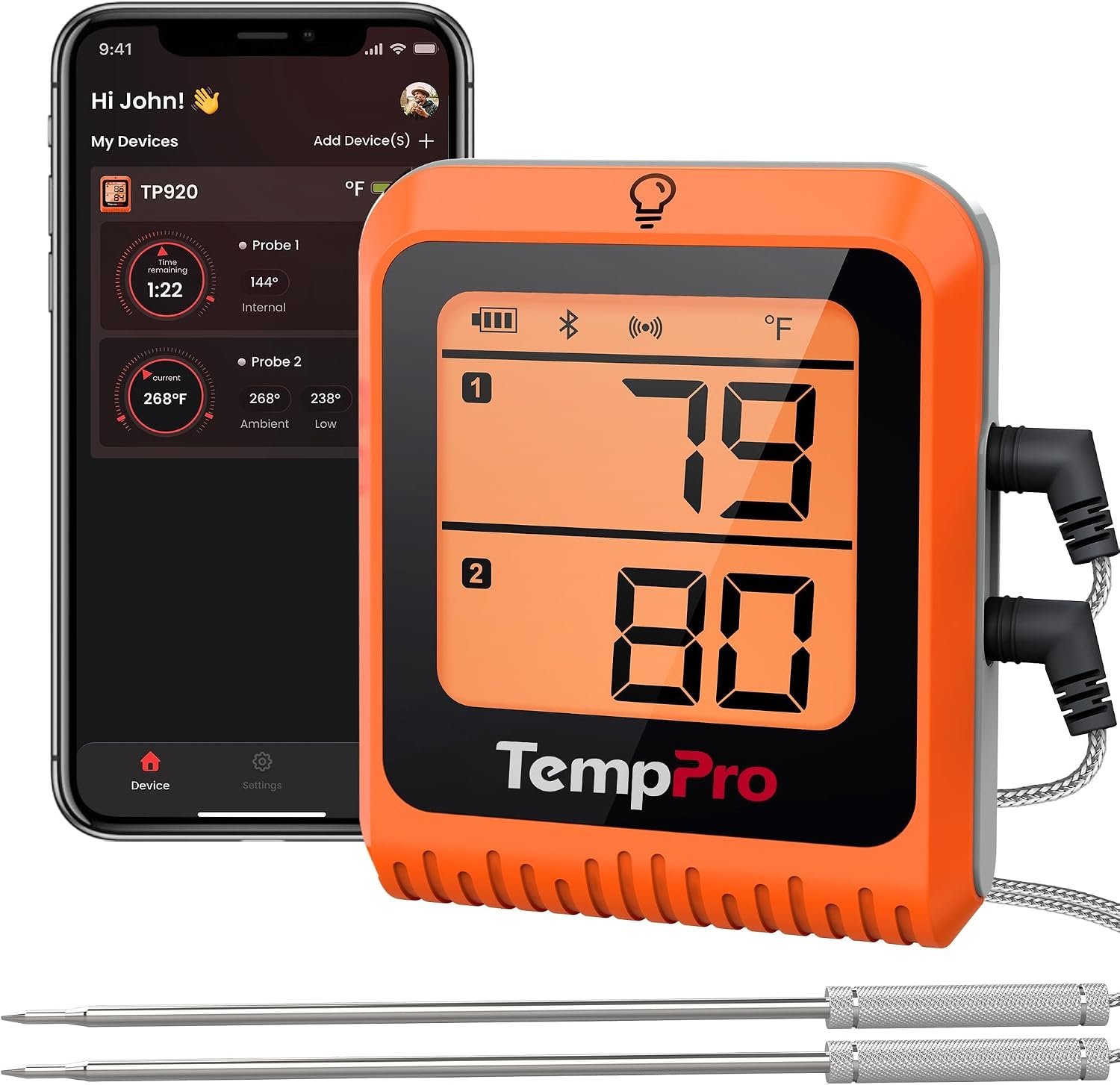 TempPro TempSync 650 ft Bluetooth Meat Thermometer with 2 Probes for Grill