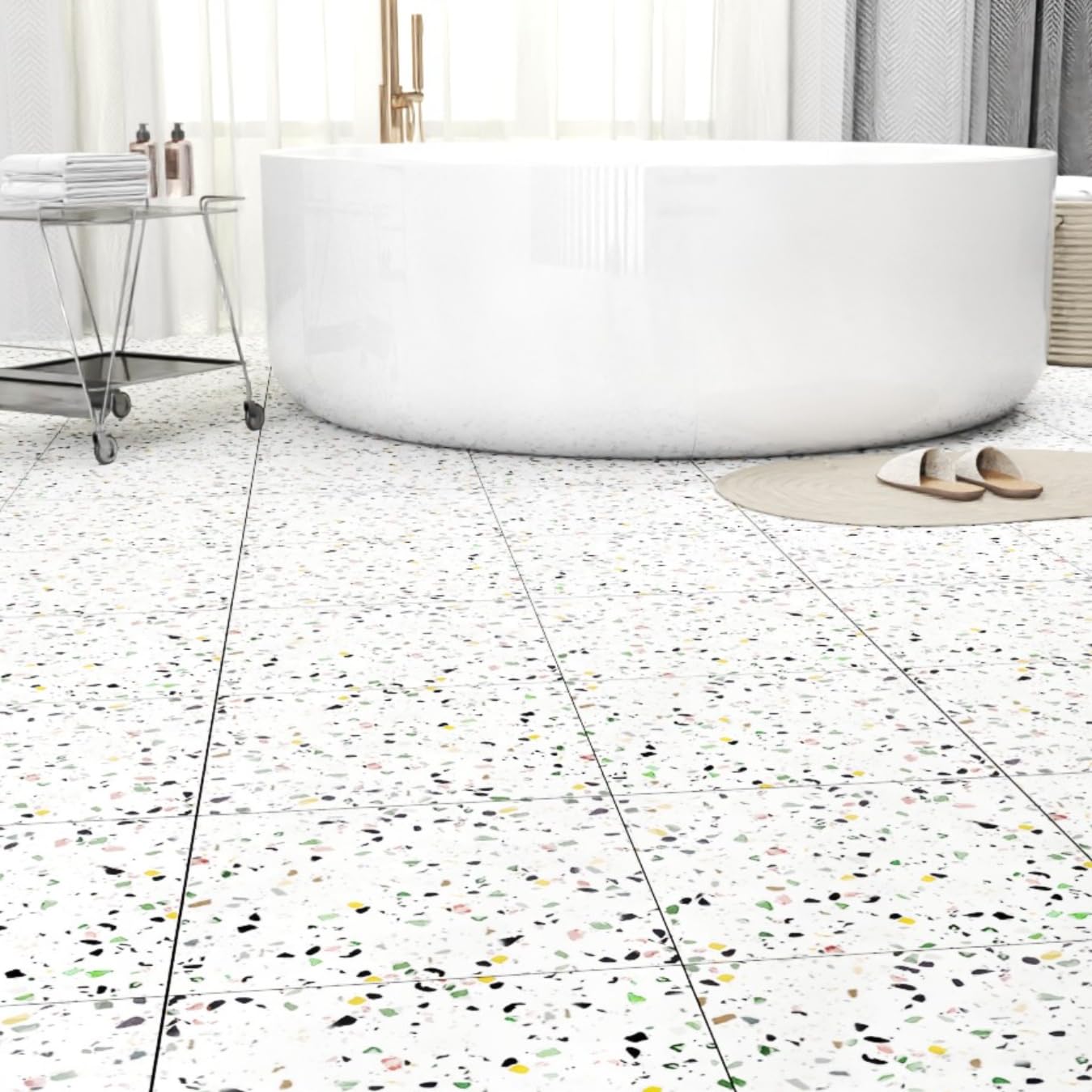 40-Pack 40 Sq.Ft Peel and Stick Floor Tiles Vinyl Matte Pattern Flooring, 12” x 12” Self Adhesive Vinyl Flooring DIY for Kitchen, Bathroom, Laundry, White Terrazzo Marble