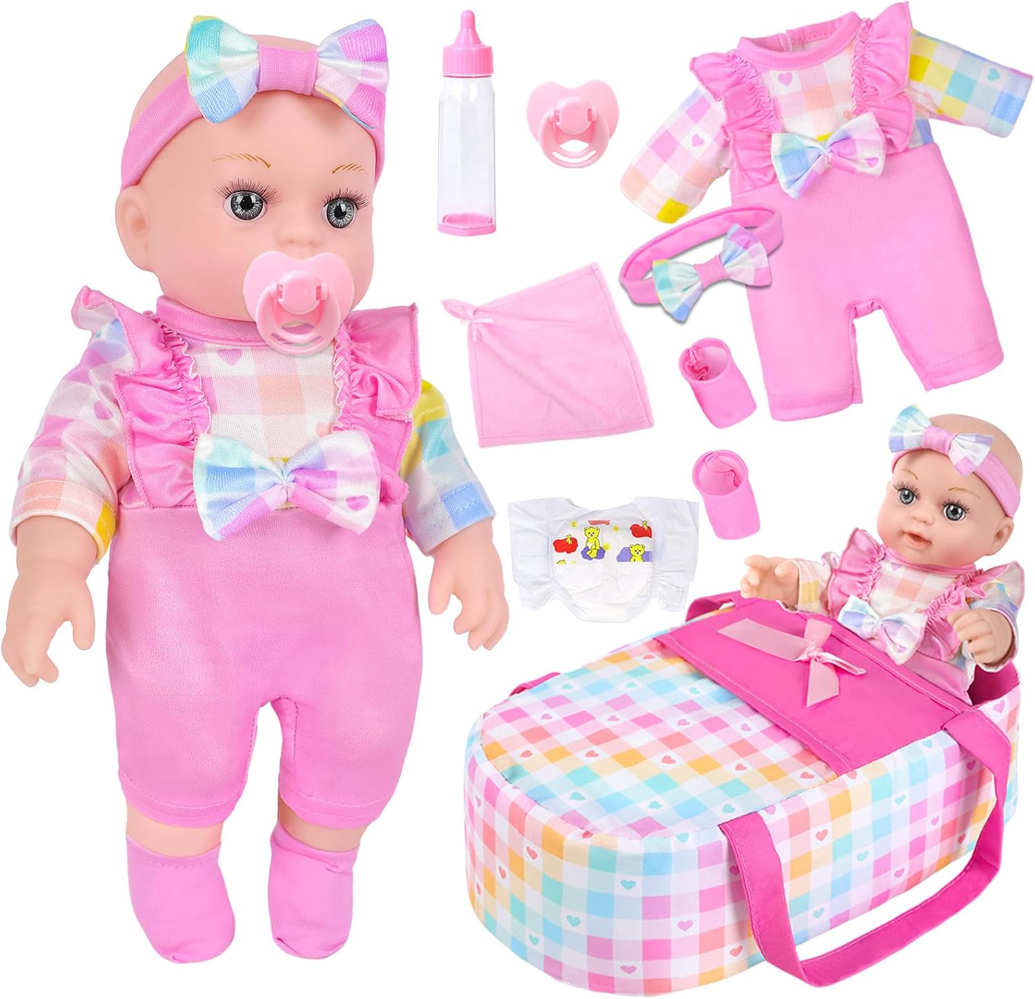 12" Girls Baby Doll With Carrier Bassinet Bed,Pink Plaid Pattern Newborn Baby Dolls Playset With Clothes And Accessories Include Blanket Bottle Nipple Toy Stuffs Gift For Baby Toddler 36 Months And Up