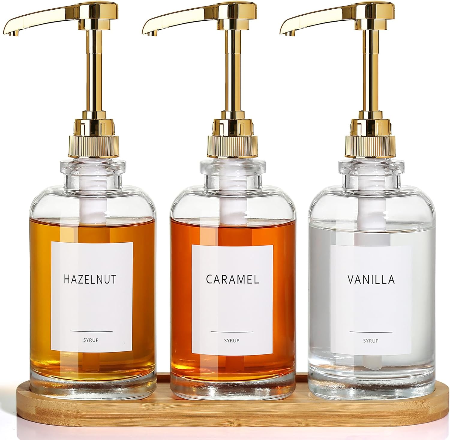 Coffee Syrup Dispenser, Glass Syrup Pump Dispenser for Coffee Bar Accessories, Maple Syrup Bottles with Tray, 16.9 fl oz Simple Syrup Bottles with 1/4oz Large Capacity Gold Pump