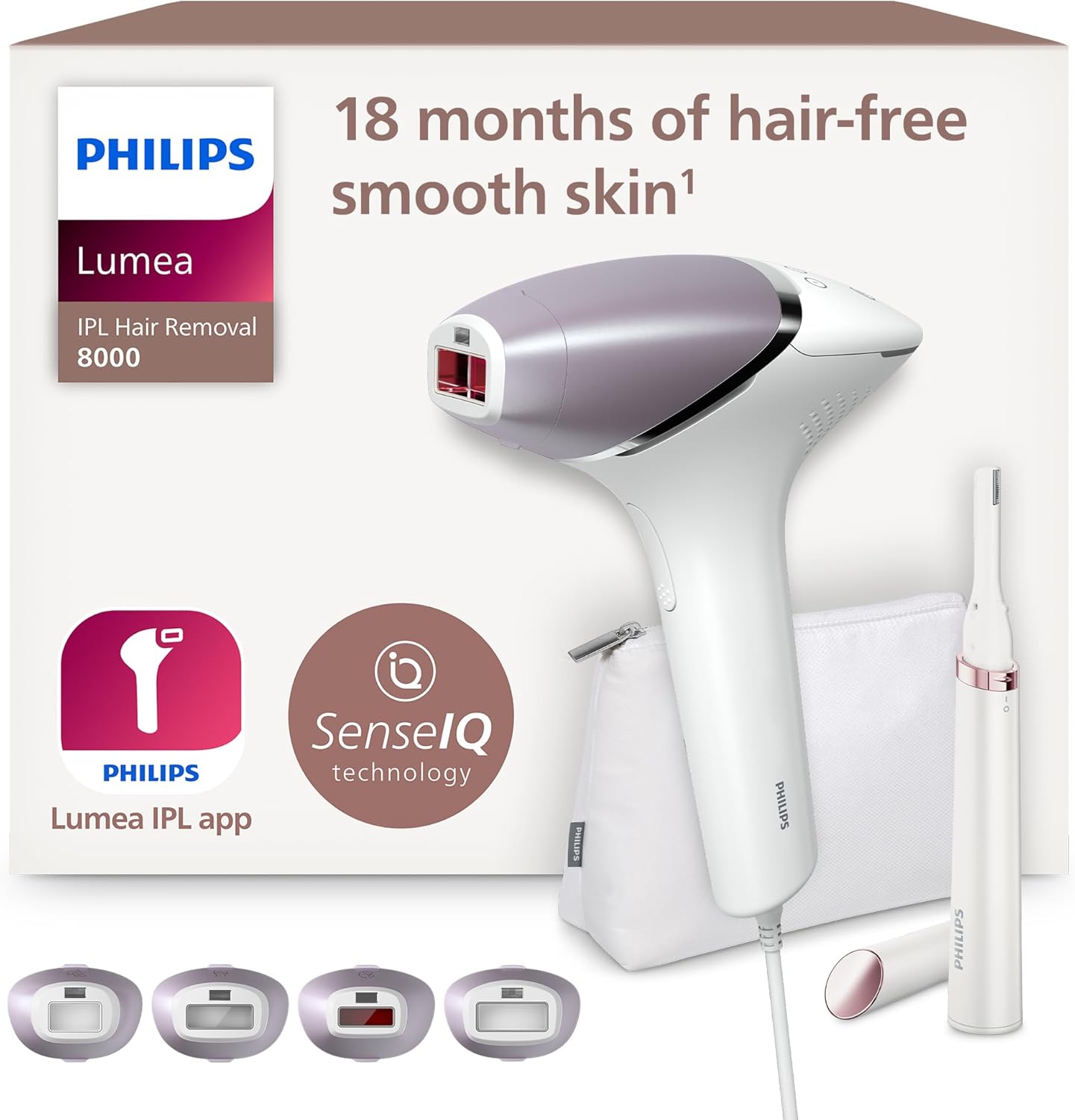 Philips Lumea Series 8000, IPL Hair Removal Device, with SenseIQ Technology, 4 Attachments for Body, Face, Bikini and Underarms, Satin Compact Pen Trimmer, Model BRI949/00