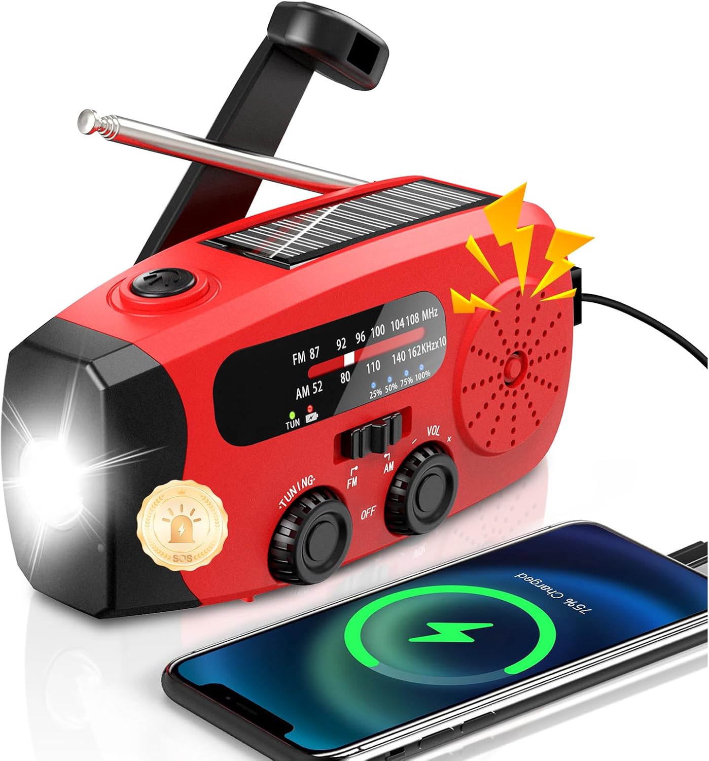 Wind Up Solar Radio, Emergency Radio, Portable Hand Crank Radio, AM/FM Radio with LED Torch, 7400mWh Rechargeable Power Bank, SOS Alarm, USB Phone Charger, Emergency Use for Camping Hiking (Red)