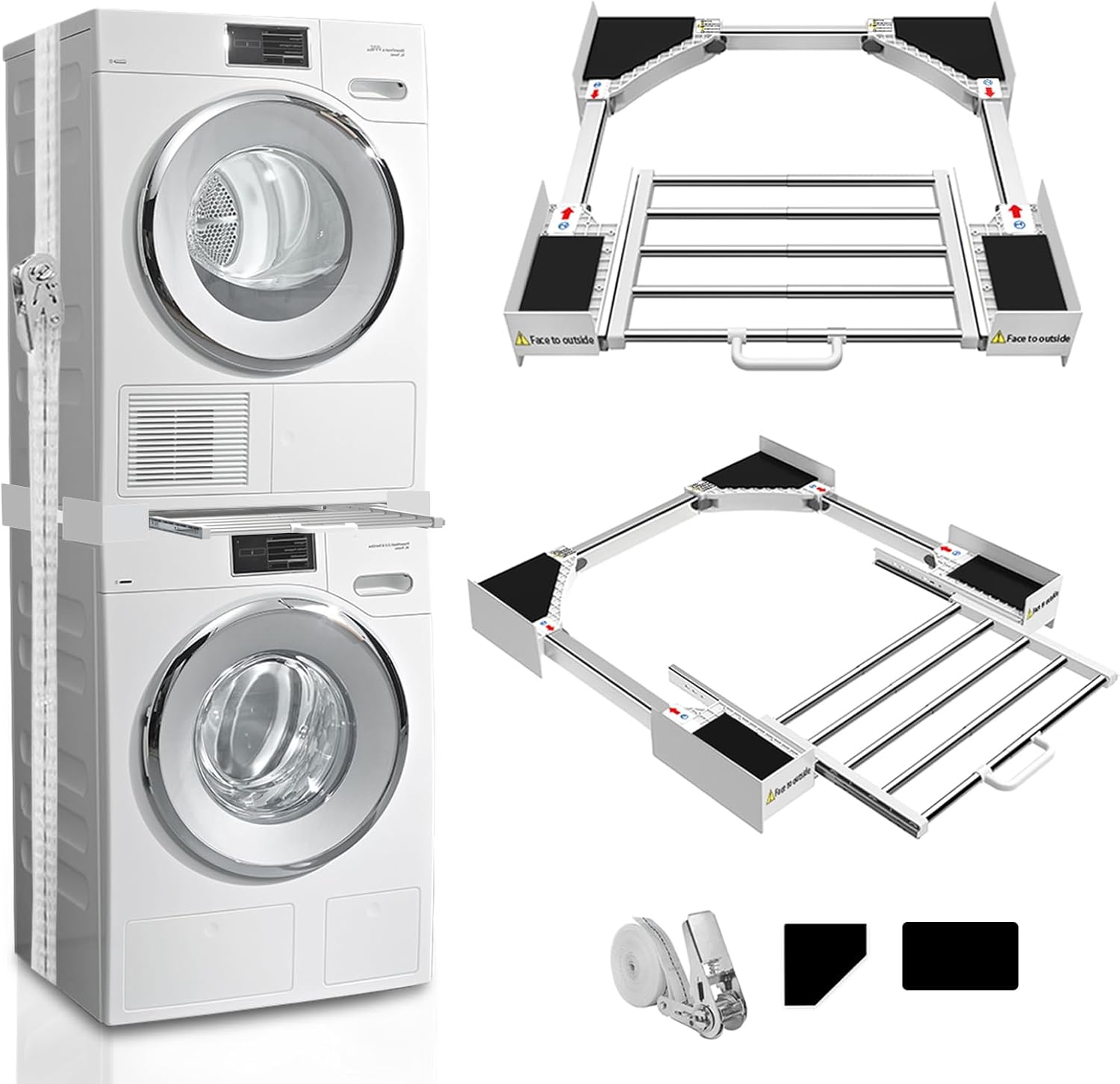 Washer Dryer Stacking Kit 29 inch, Universal Washer and Dryer Stacking Kit with Pull Out Drying Rack, Adjustable 29"/28"/27"/26"/25"/24" Stacking Kit with Ratchet Strap