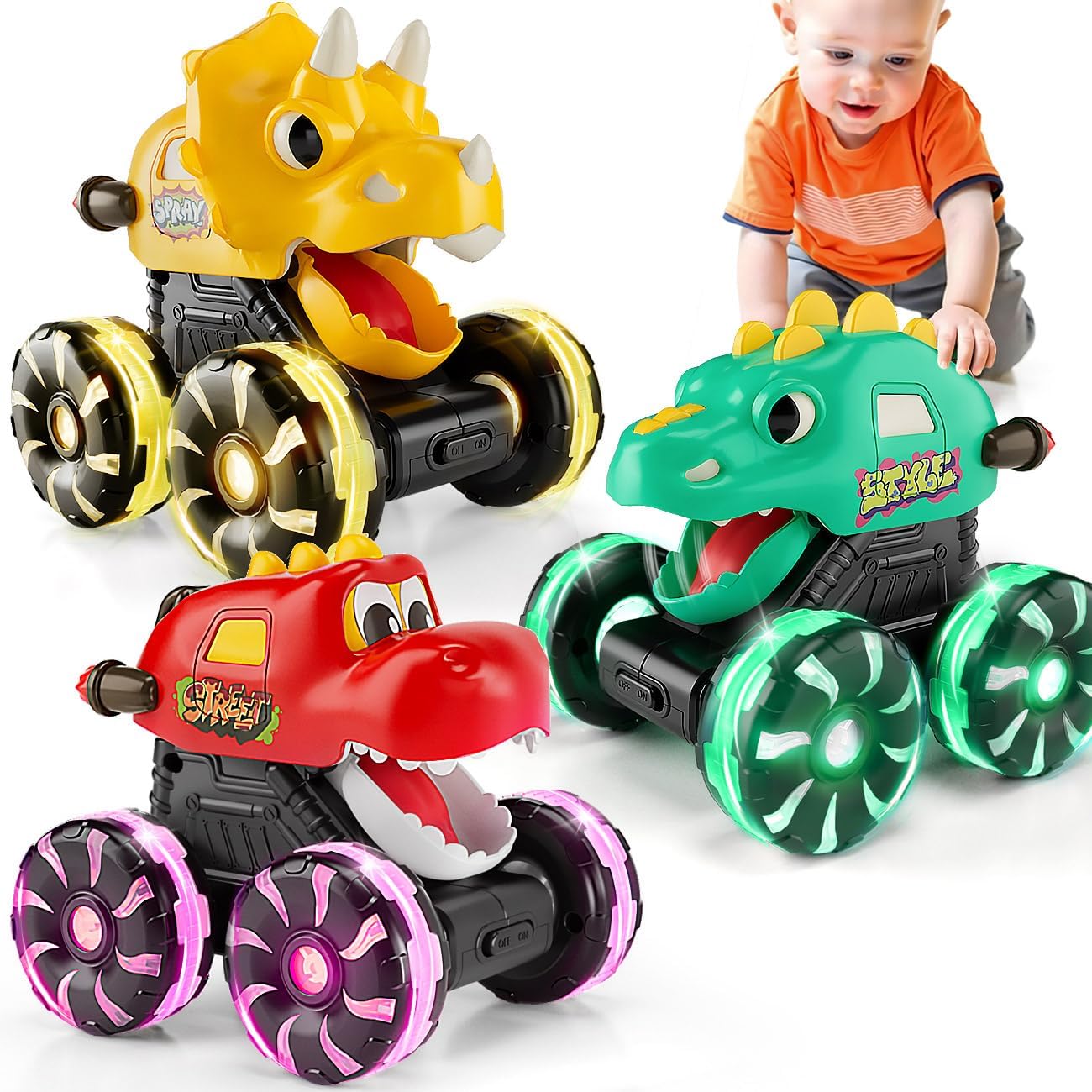 Monster Trucks for Boys Age 2-4:Toy cars for toddlers 3-5,Light-up dinosaur toys with moving mouth, Fun car toys for toddlers 1-3, Scale dinosaur toys for kids 5-7, Perfect 3 year old girl gifts