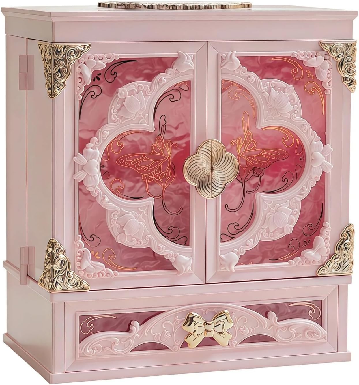 Large Makeup Organizer with Lighted Mirror, Vintage Storage Box(Pink)
