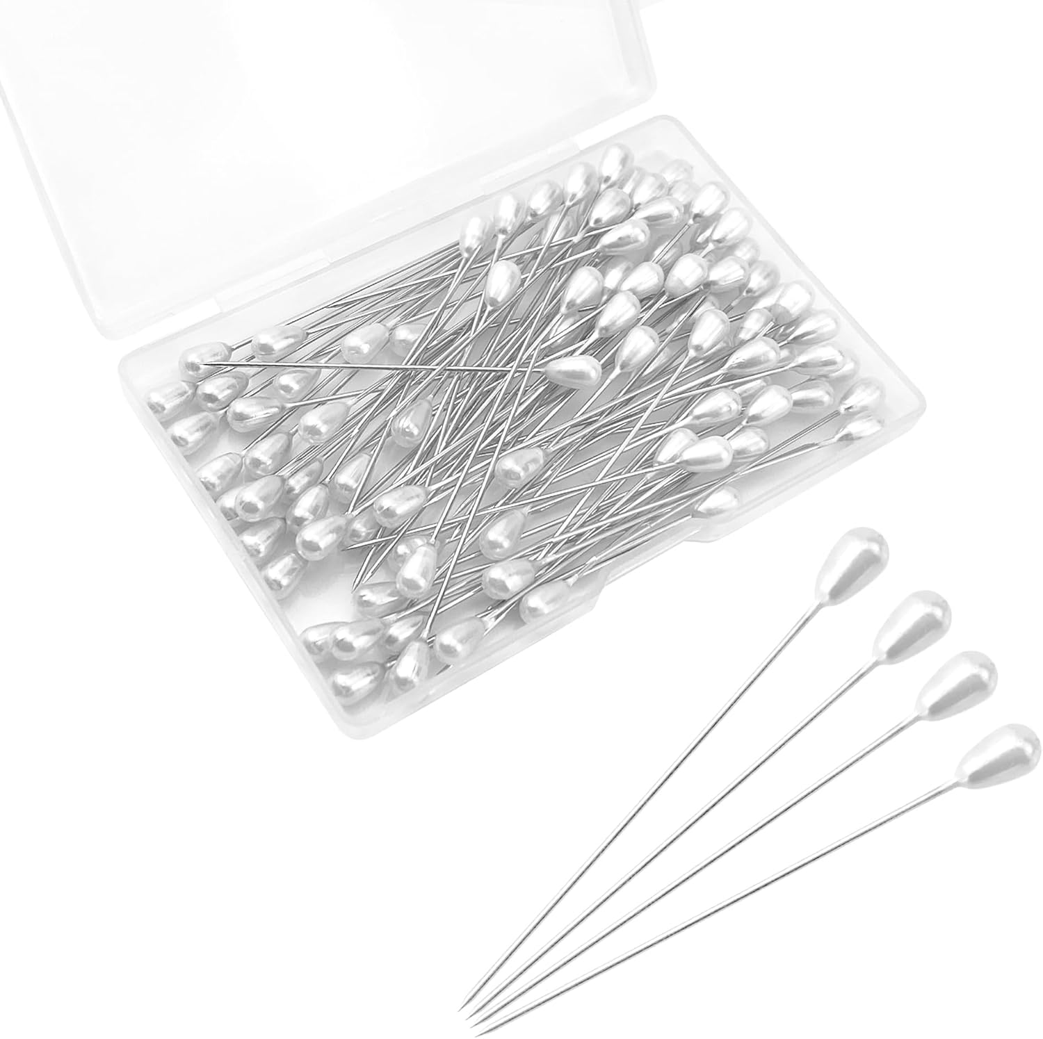 Quacc 100 PCS Corsage Pins with Box, Long Straight Wedding White Teardrop Pearl Head Boutineer Boutonniere Prom Bouquet Pins for Quilting Sewing Pinning Quilt Flower DIY Crafts (2.17")