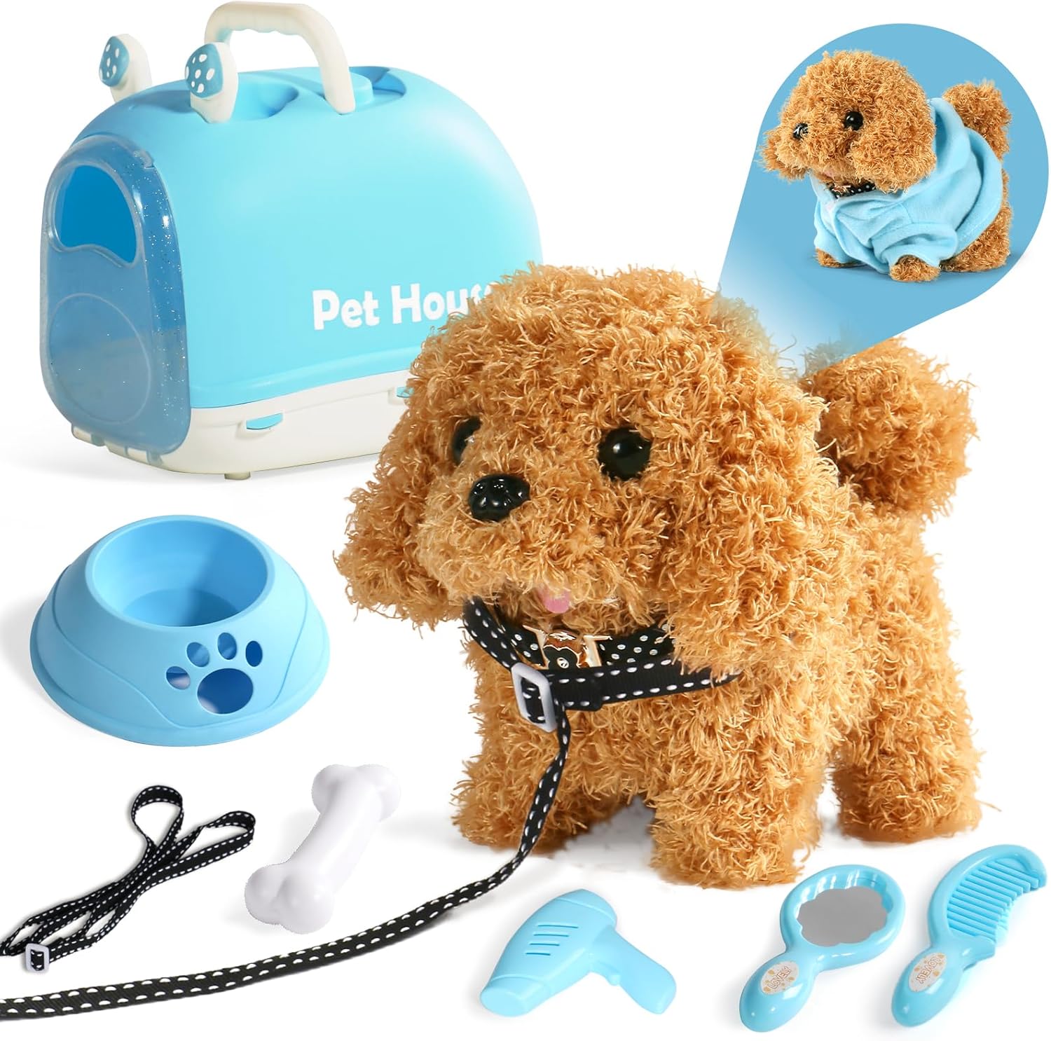 Walking Dog Toy for Kids with Leash, Realistic Toys for Girls Boys Toddler Toys, Barking Wagging Tail Interactive Dog Plush with Cute Cloak,Puppy Pet Care Gifts for Girls 3 4 5 Year Old Boys