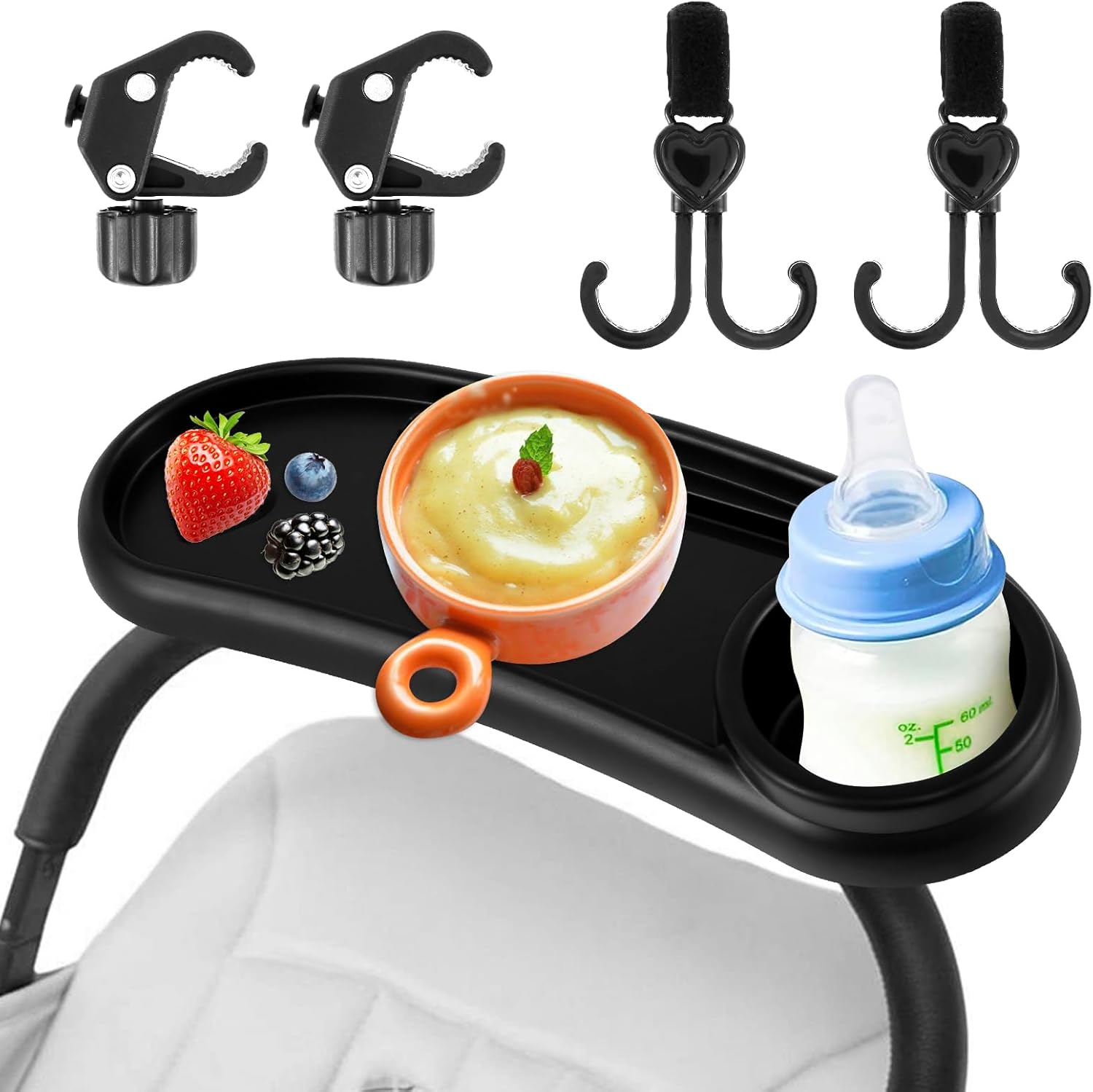 Baby Stroller Snack Tray with Cup Holder 3in1 Pram Food Tray,Removable Reusable Storage Holder with Adjustable Buckle,Pram Cup Holder,Reusable Pushchair (With hook, 38x14 CM)