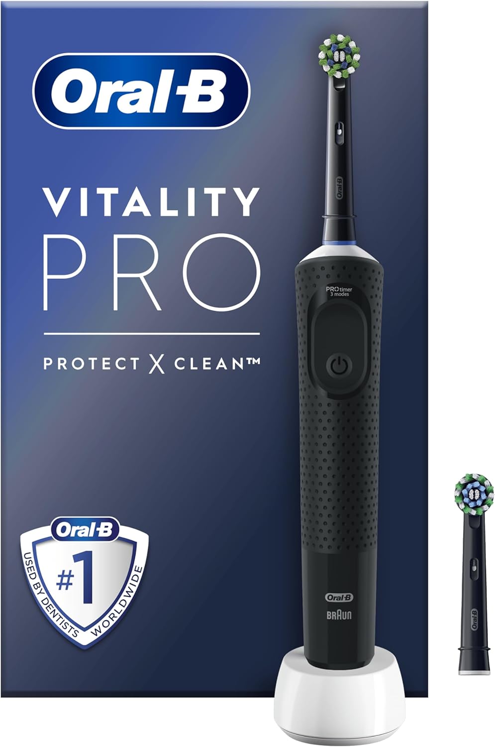 Oral-B Vitality Pro Electric Toothbrushes for Adults, for Him/Her, 1 Handle, 2 Toothbrush Heads, 3 Brushing Modes Including Sensitive Plus, 2 Pin UK Plug, Black (Packing May Vary)