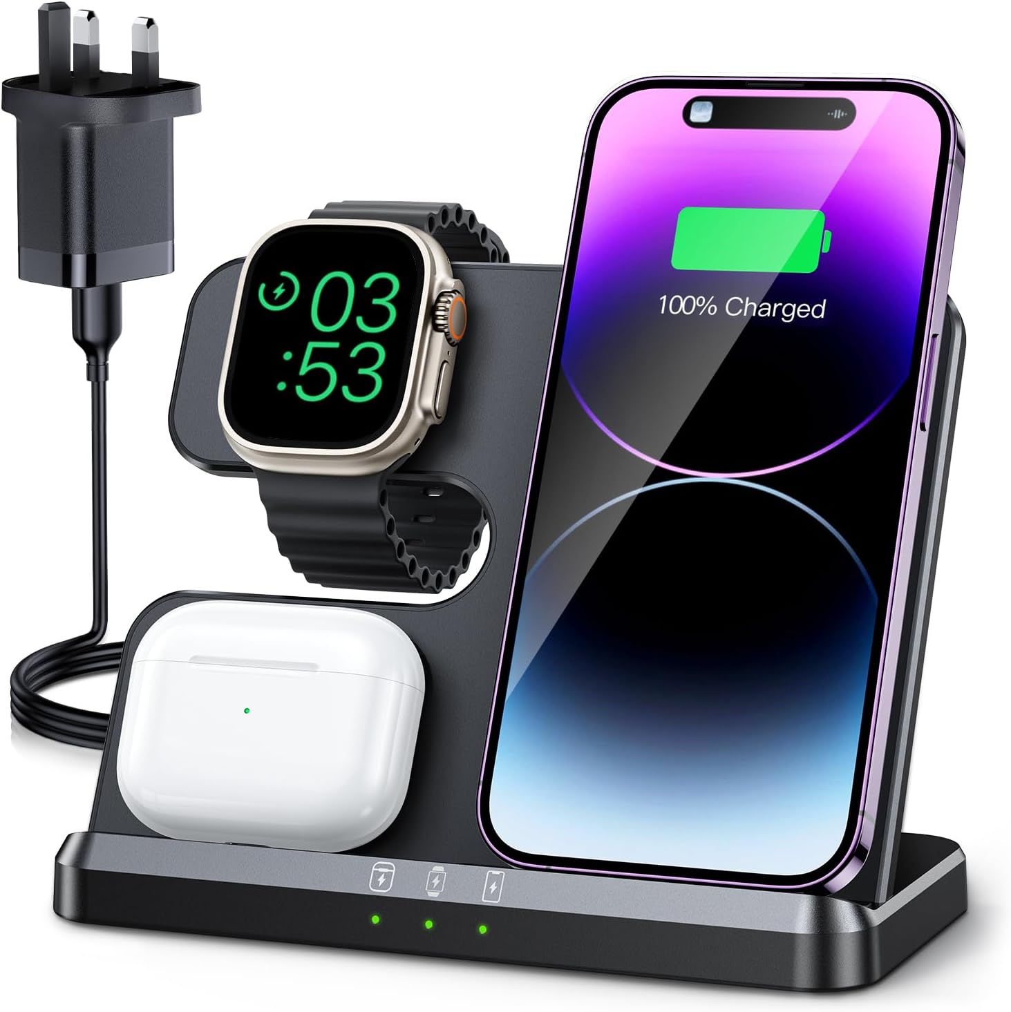 JARGOU Wireless Charger for iPhone/Apple Watch/AirPods, 3 in 1 Wireless Charging Station for iPhone 16 15 14 13 12 11 Pro Max, iWatch Charger for iWatch 10/9/Ultra/SE/8/7/6/5/4/3/AirPods Pro 4 3 2