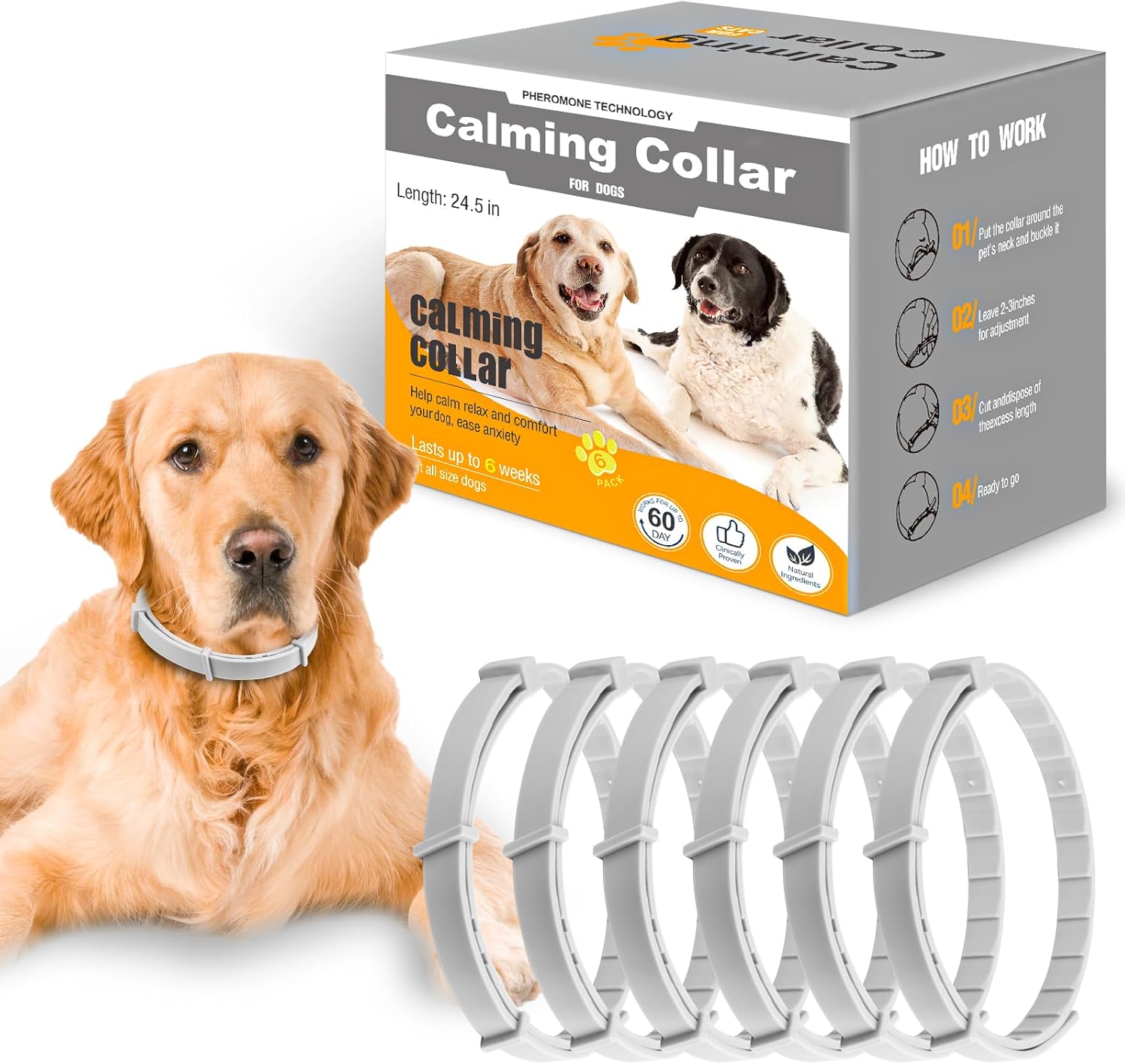 Calming Collar for Dogs 6 Packs Dog Pheromone Calm Collars Relief Anxiety Stress Separation Lasts 120 Days Relieve Bad Behavior 25 Inches Size Flexible Adjustable for All Small Medium Dog (Grey)
