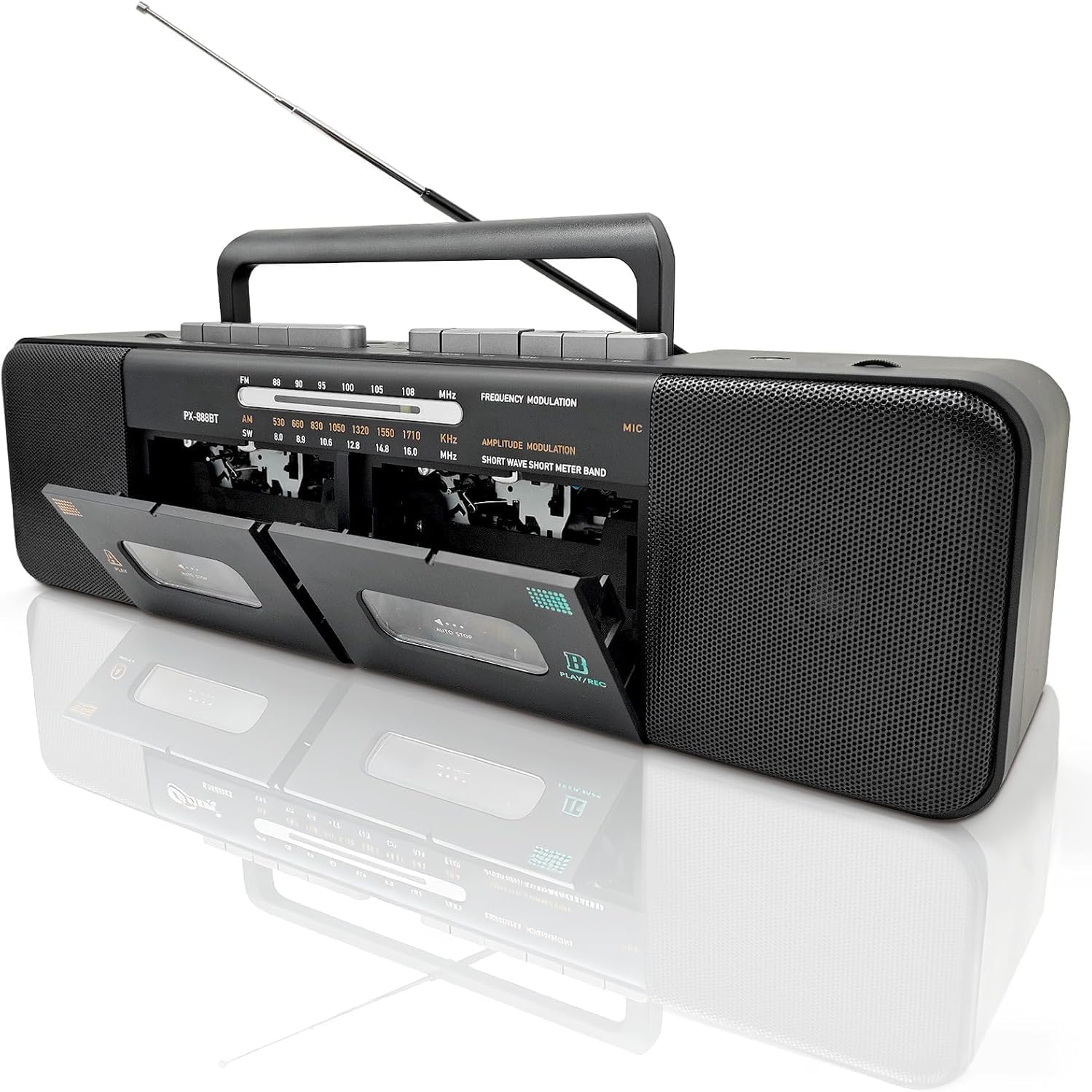 Retro Boombox with Dual Cassette Player, 7200mAh Battery, Bluetooth & 4-Band Radio (AM/FM/SW) – Convert Tape to MP3 via USB, Tape Recorder & Headphone Jack for Home & Outdoor