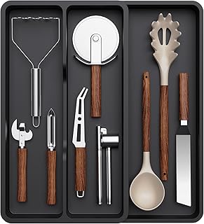 Lifewit Utensil Drawer Organizer, Expandable Cooking Silverware Tray for Kitchen Drawer, Adjustable Cutlery Flatware Holder, Plastic Spatula Tools and Gadgets Storage Divider, 3 Compartments, Black