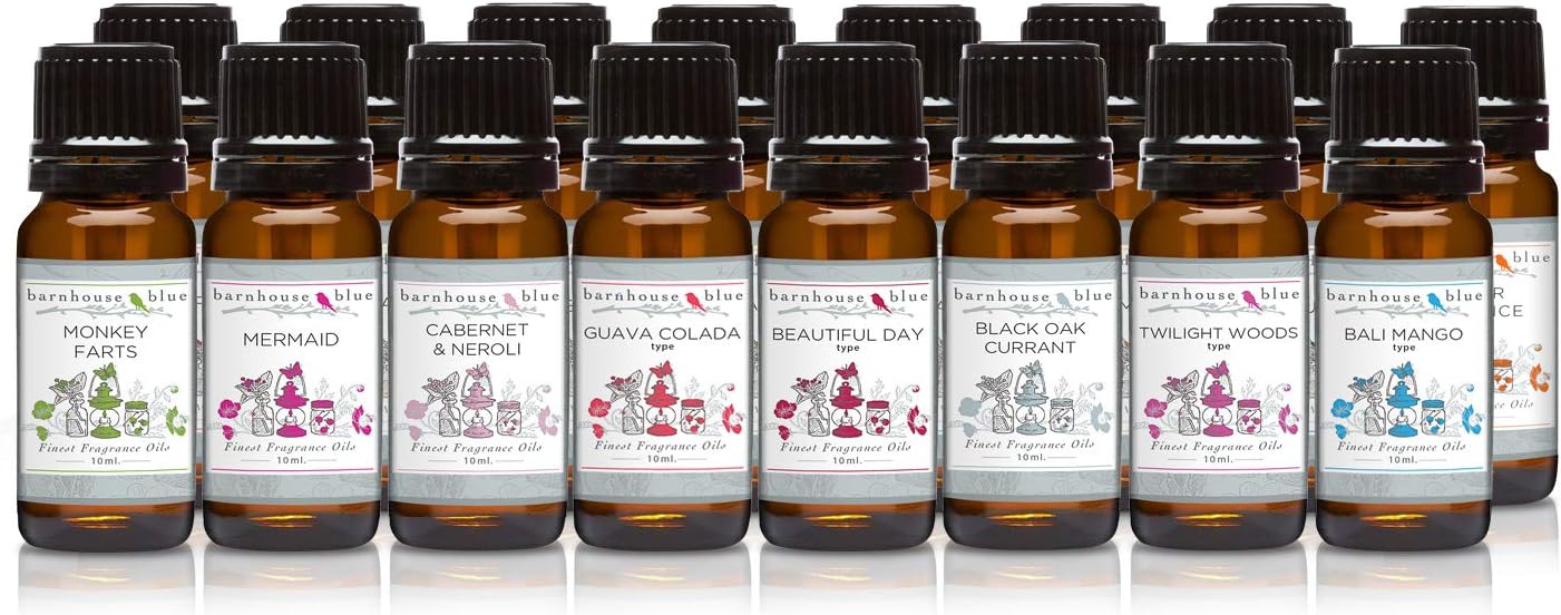 Barnhouse Blue Top 16 Faves Set of 16 Premium Fragrance Oils - Bali Mango, Beautiful Day, Coconut Lime Verbena, Instant Vacation, Pina Colada, Mountain Rain, Mermaid, Kelp, Island Hop & More - 10ML