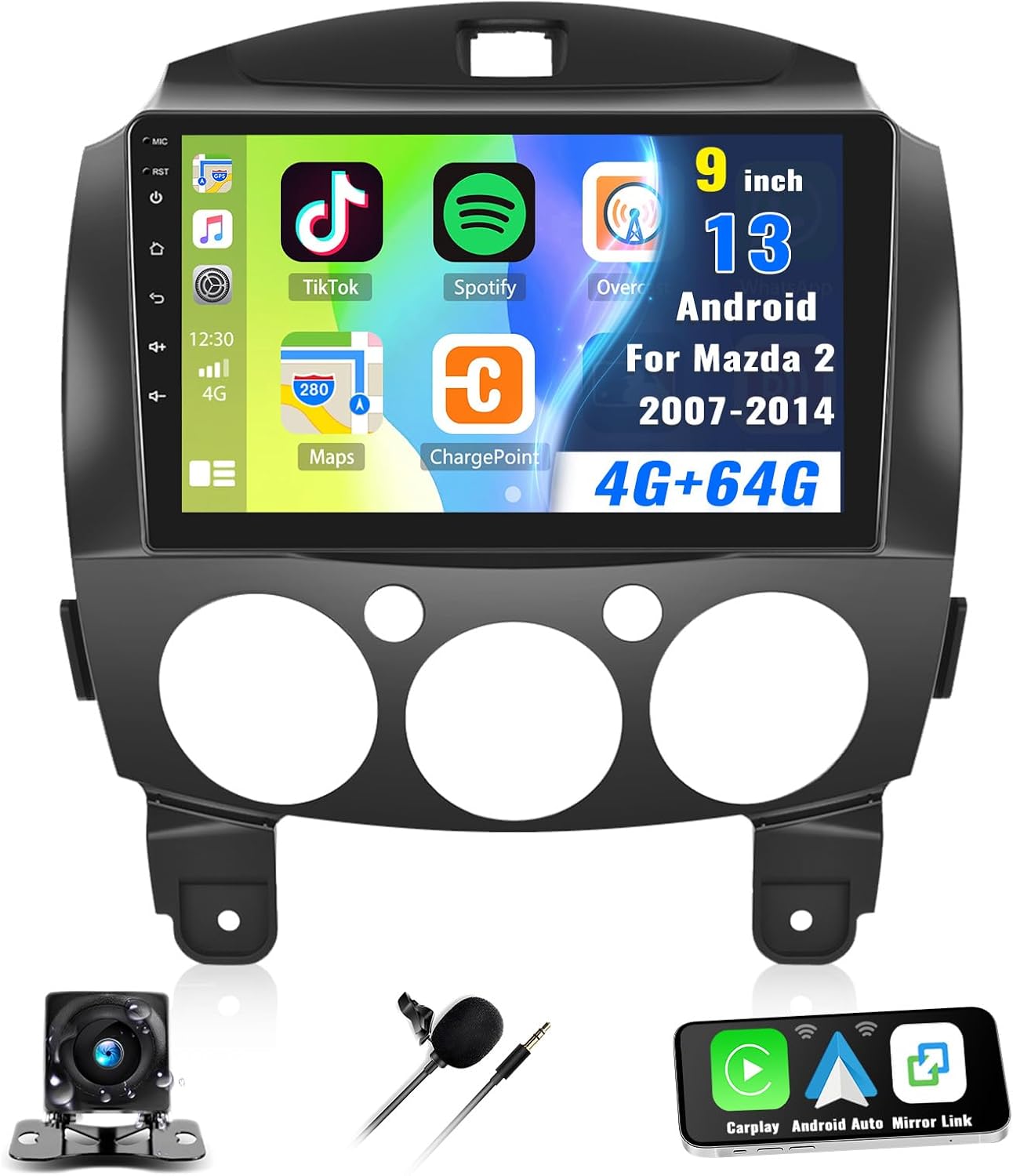 [4G+64G] Car Radio for Mazda 2 2007-2014 with Wireless CarPlay Android Auto,9" Touchscreen Android 13 Mazda 2 Car Stereo with Mirror Link Voice Control WiFi/GPS,Bluetooth,FM/RDS SWC+Backup Camera