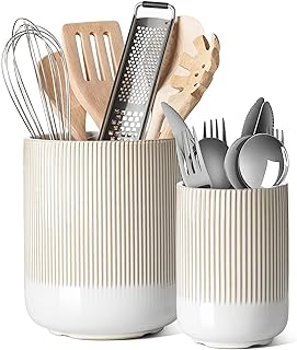 LE TAUCI Utensil Holder, 7.3"+5.4" Ceramic Kitchen Utensil Holder for Countertop, Large Cooking Utensil Crocks Gift for Mom, Boho Farmhouse Kitchen Decor, Set of 2, Reactive Glaze Arctic White