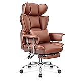 Office Desk Chair, Big and Tall Executive Office Chair with Footrest, Leather Computer Chair, Ergonomic Reclining Chair High Back with Lumbar Support, Large Home Office Chair (Brown)