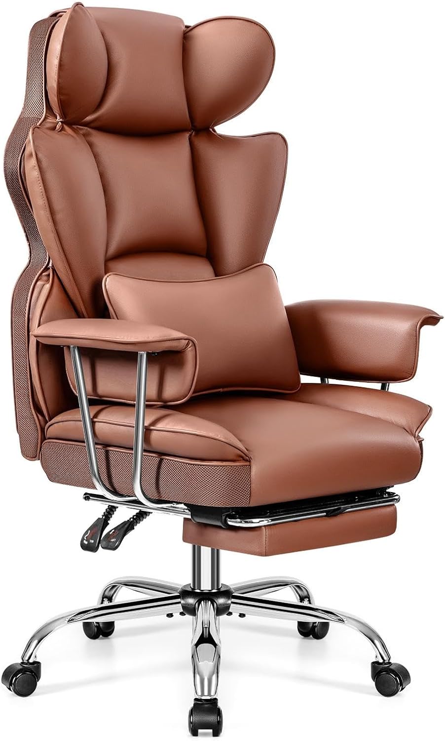 Office Desk Chair, Big and Tall Executive Office Chair with Footrest, Leather Computer Chair, Ergonomic Reclining Chair High Back with Lumbar Support, Large Home Office Chair (Brown)