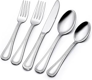 40 Piece Silverware Set for 8, Terlulu Stainless Steel Flatware Set, Mirror Polished Cutlery Set Utensil Set, Tableware Include Forks Spoons Knives for Home Restaurant, Beaded Handle, Dishwasher Safe