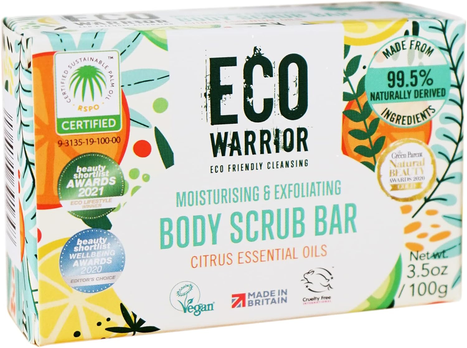 Eco Warrior Body Scrub Soap Bar | Eco Friendly, Natural Body Bar Soap Scrub | Vegan, Cruelty-Free, No SLS or Parabens | Nourishing and Gentle Exfoliating with Citrus Essential Oils and Oatmeal | 100g