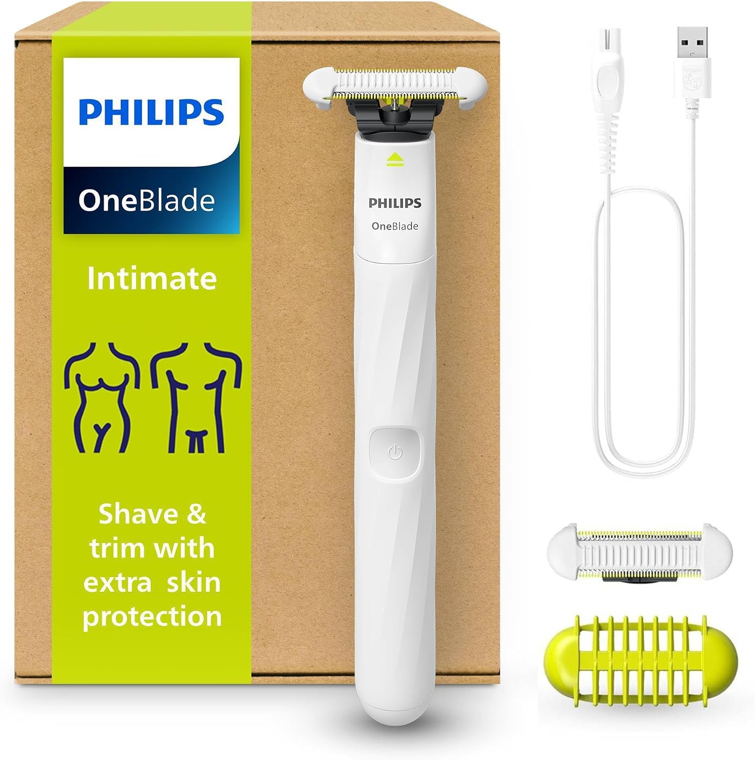 Philips OneBlade Intimate, Designed for Pubic Grooming, Trim & Shave with Extra Skin Protection, Close & Comfortable Results - not Completely Bare, Model QP1924/30