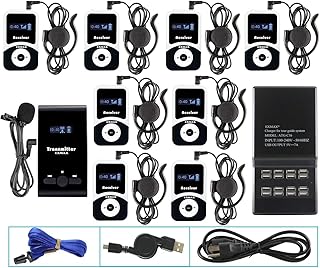 EXMAX® ATG-100T 195MHz Wireless Tour Guide System Audio Transmission for Translation Services in Our Church Court Interpreting City Museum Tour (1 Transmitter 8 Receivers + USB Charging Station)