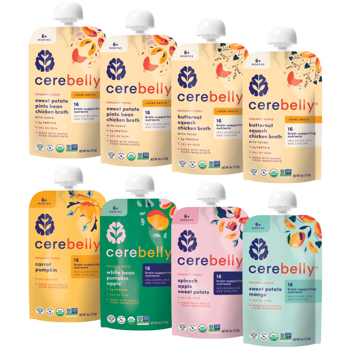 Cerebelly Organic Baby Food Pouches – Organic Veggie and Bone Broth Baby Food | 16 Nutrients, No Added Sugar, Non-GMO | Blended Toddler Food | 4 Ounce BPA-Free Baby Foodes | 6 Flavors | 8 Pack