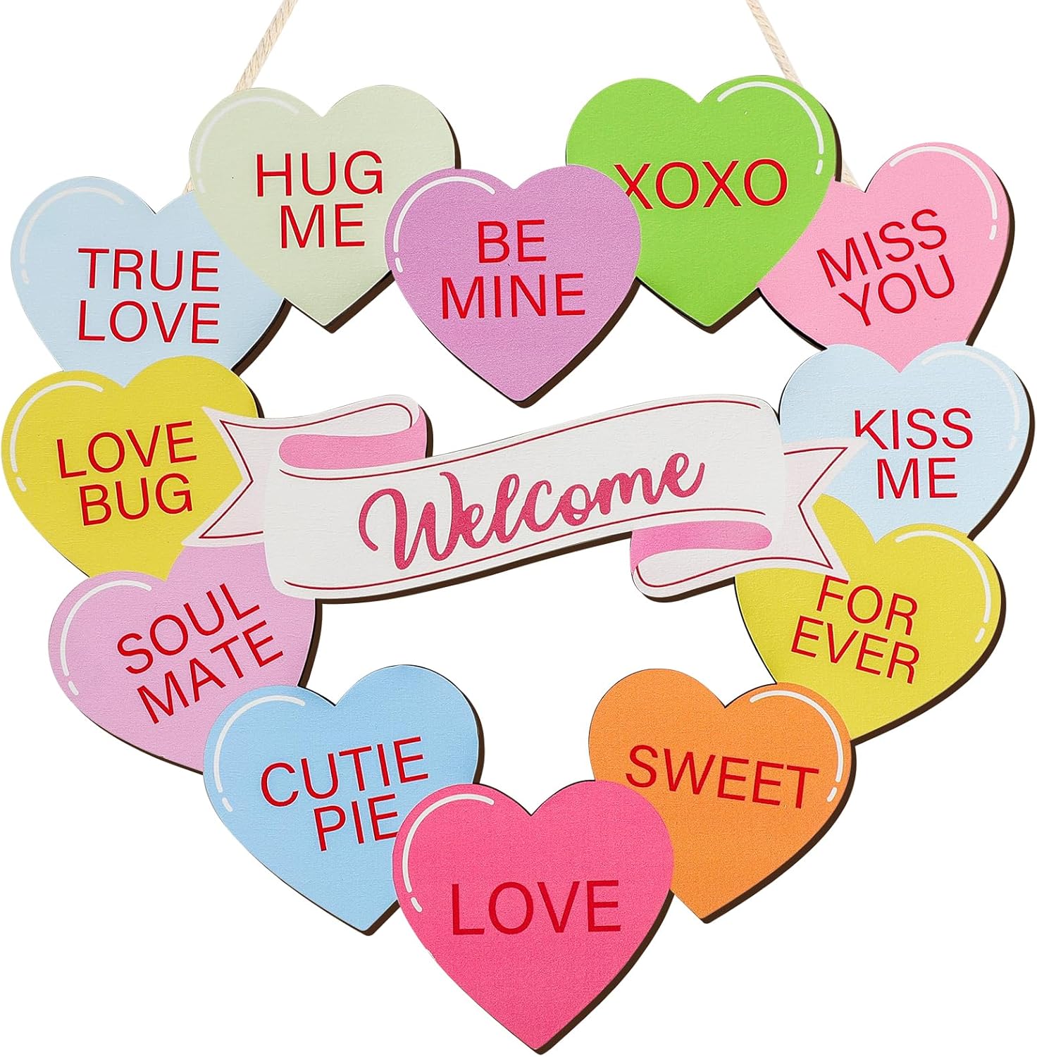 COCHIE Happy Valentine's Day Hearts Welcome Sign Door Decorations, Valentines Wood Wreath for Front Door Porch Window Wall Hanging Decor, Romantic Indoor Outdoor Home Office Decoration (Colorful)