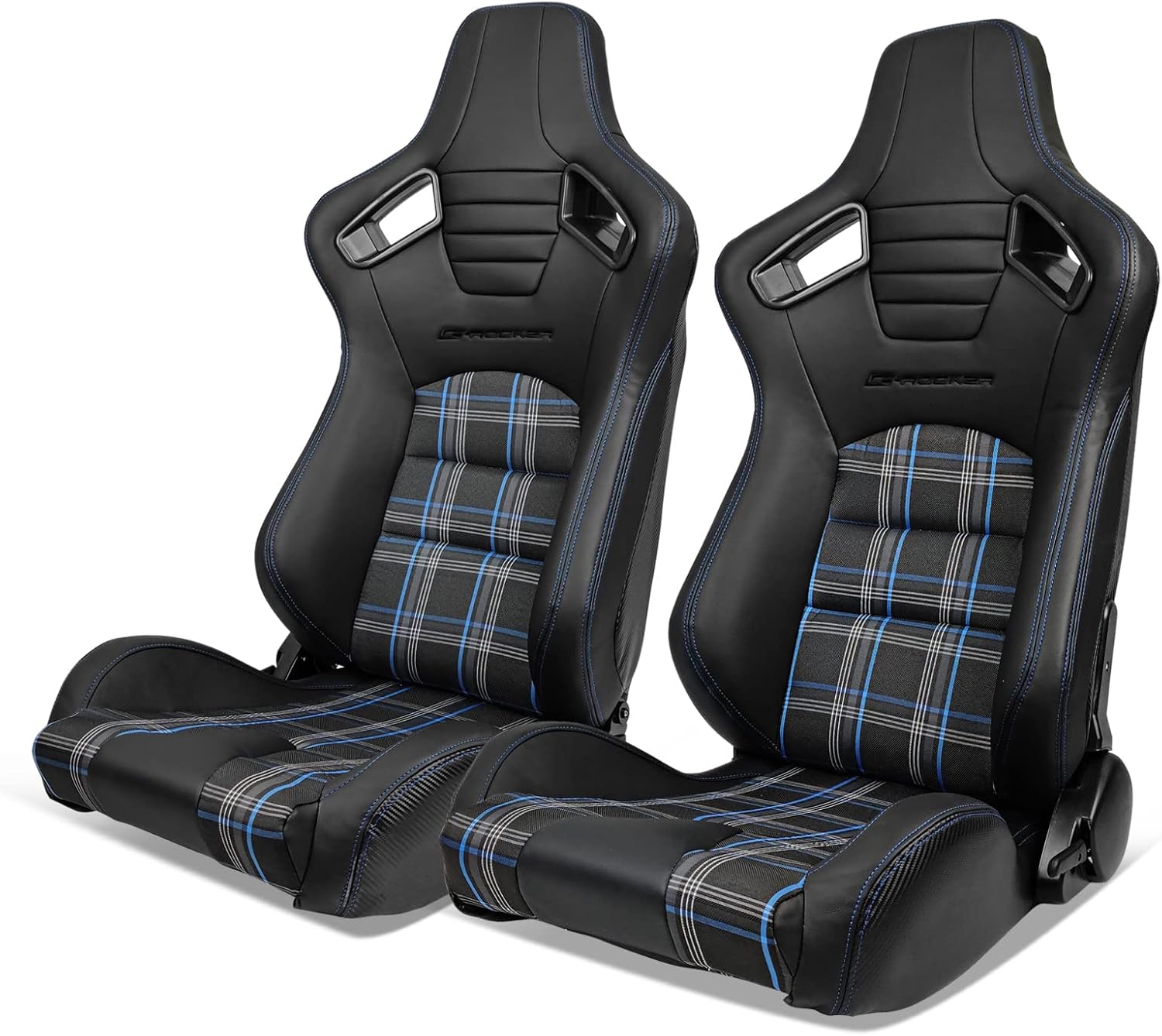 IKON MOTORSPORTS, Universal Racing Seats Pair with Dual Sliders, PU & Blue Plaid Fabric & Carbon Leather Reclinable Left Right